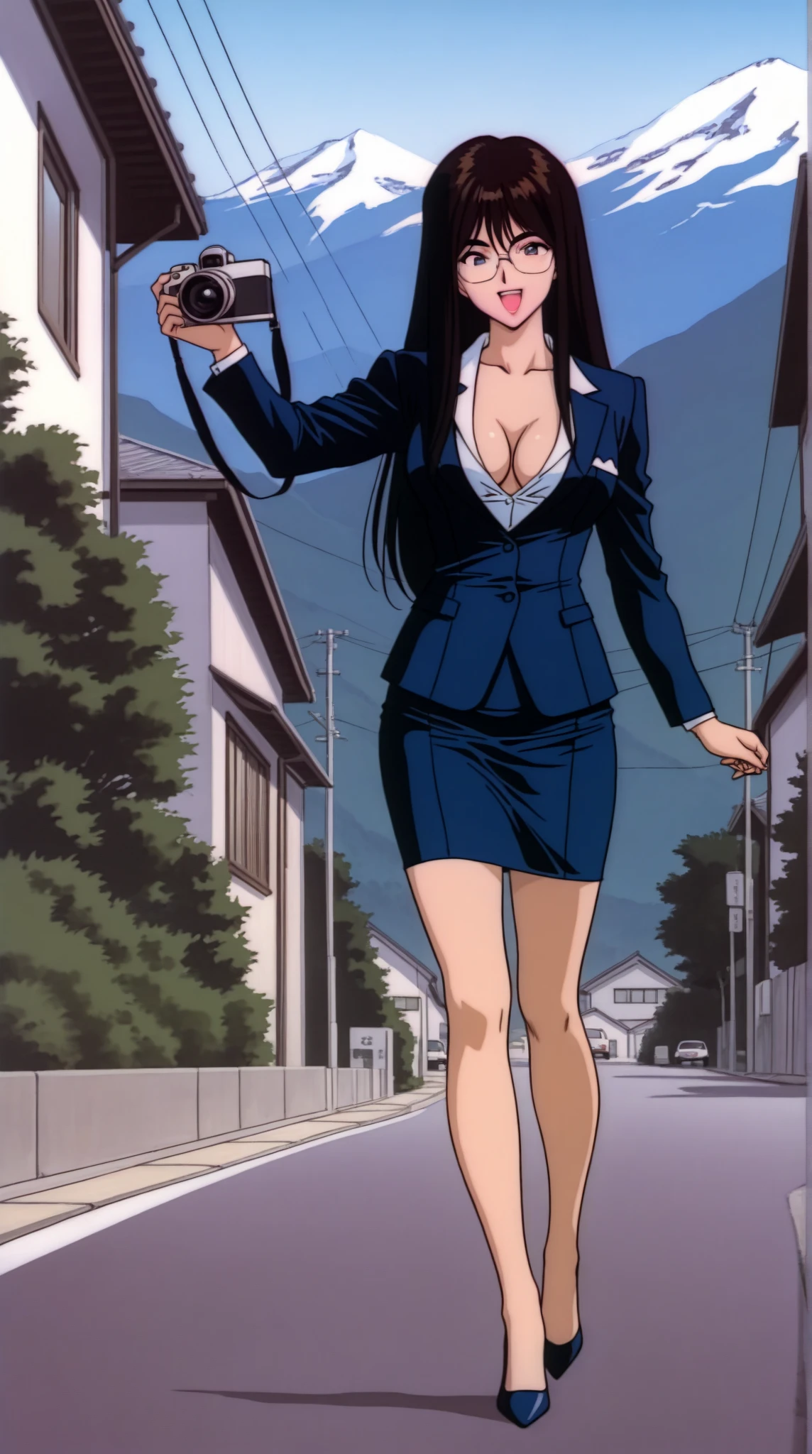 Beautiful 13 year old Indian teenager, long hair, dress, falling straps, small cleavage, pantyhose, high heels, Japanese rural street, cherry blossoms, fog, sexy pose, Silent Hill world, scary creature attack