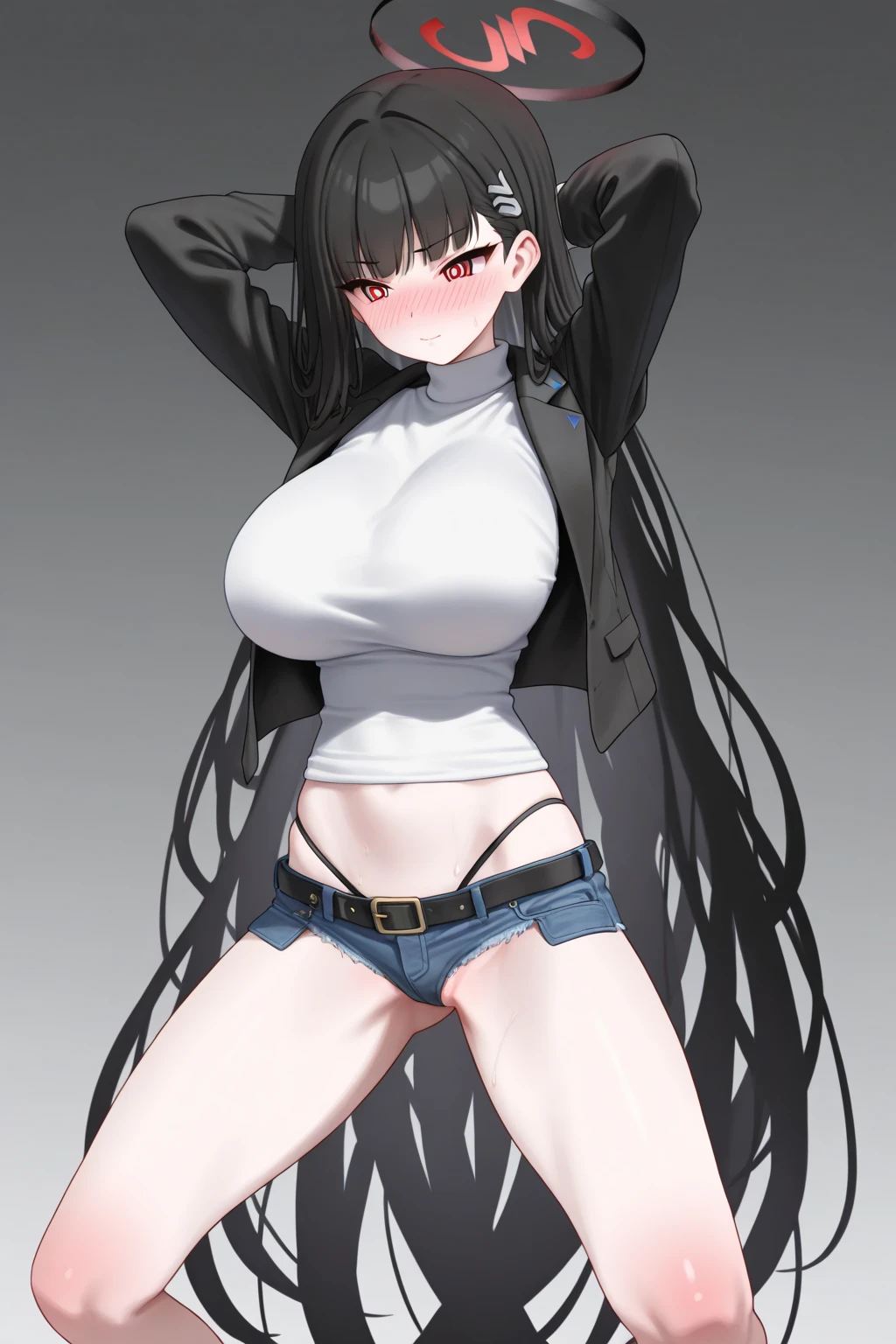 (Vtuber Standing Pictures)、(Standing picture on the front)、Bukkake, Large Breasts、Nipples、naked、Creampie、Large amount of semen、pusssy, trembling、naked、One girl, underside_greenarchive, bedazzling eye, Expose 胃, Exposeしたへそ, nakedのおなか, eye, Expose , , amount、 green_eye, black_hair, Hello, have, Jacket、Shoulder Bare、feet、White Background, whole body