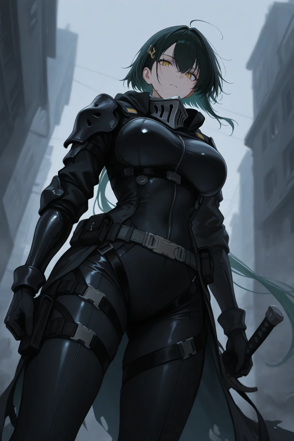 ((Full body):1.5), (({1/20 years}):3). Only {1/20 year old woman}:((in futuristic black clothing, with mechanical parts in blue):1.3). Only {1/20 years old}: ((has extremely large breasts):1.5). Only {1/20 years old}:((has light blue eyes, very short dark green hair):1.3), is looking at the viewer with ((face of despair and veins appearing on his forehead):1.3), ((posing with a futuristic rifle):1.5). In a lab ((full of malevolent robots made of pure metal and men shooting at robots): 1.6), all the robots are chasing after only {1/20 year old}) who is standing. anime, anime style, 16k, high resolution, ((best quality, high details: 1.5)), UHD, ((masterpiece)), cartoon, real, Fantexi