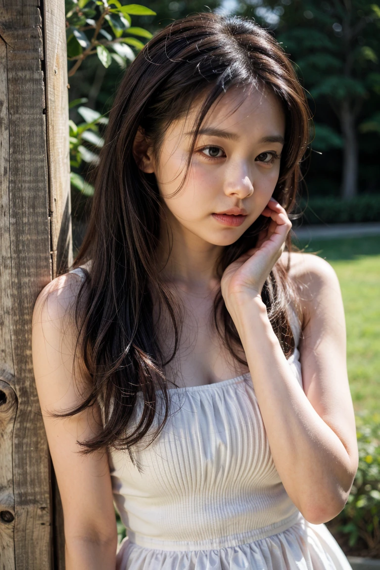 Produce the highest quality and highest resolution 8K images。Please draw the upper body of a 20 year old Japanese woman.。Please draw an image of someone sitting on a park bench looking up at the sky.。She has brown eyes and a model figure.、She has an idol-level cute face.。The hair is wavy。The skin is、It is a natural skin color。