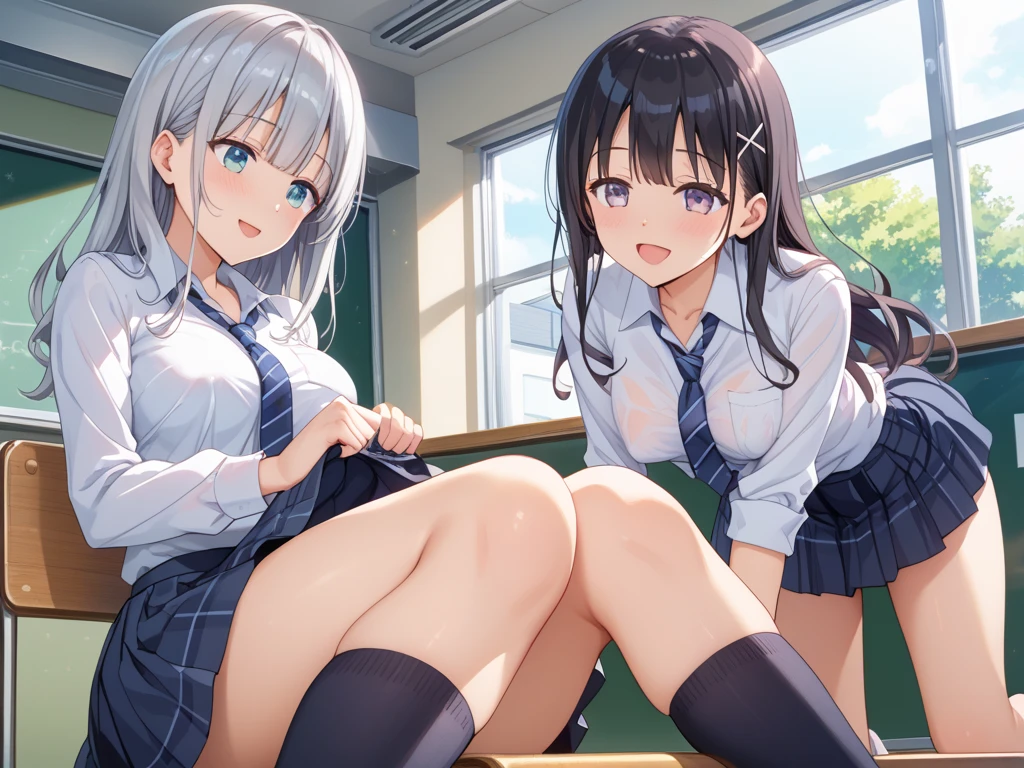 nswf:1.3,(Super detailed:1.6,masterpiece:1.3, highest quality, ultra high resolution, Super detailedな, realistic, photorealistic:1.4, beautiful illustrations, perfect lighting, colorful, Depth of the bounds written, beautiful fine hair, beautiful and detailed face, detailed and beautiful eyes, Clearer images,4k), (bright colors), ((Take clear photos even from a distance)), (multiple girls), (Harem), (School classmates), (((All school uniforms have the same design))), (((Everyone is wearing the same dark blue skirt))), ((18-year-old)), ((prostitution婦)), (prostitution宿), (cute Japanese((6 girls))), (((high school girl, perfect face, perfect anatomy, anatomically correct, 左右symmetryの可愛い顔, baby face, , shiny skin))), ((group shot)), (group selfie), ((buttocks visible from thighs))、 (Full body diagram from head to toe), front, frontやや下からの構図, symmetry, 18-year-oldの背の高い女の子, alone, (whole body from head to toe),wide angle, soft light, ((((laugh with your mouth wide open)))), (normal size breasts), ((prostitution)), (lure), ((viewers love it)), (((A lot of hearts are flying))), landscape、((((spread your legs:1.5)))、((female masturbation:1.8))、((Chest Grab:1.3)),(((good lift:1.4)))、(((Show something good:1.5)))、(skirt lift:1.3) 、closed one eye、stick one out''''s crotch、((youth))、((((Knee-length white loose socks))))、(((classroom)))、(((sitting on the desk)))