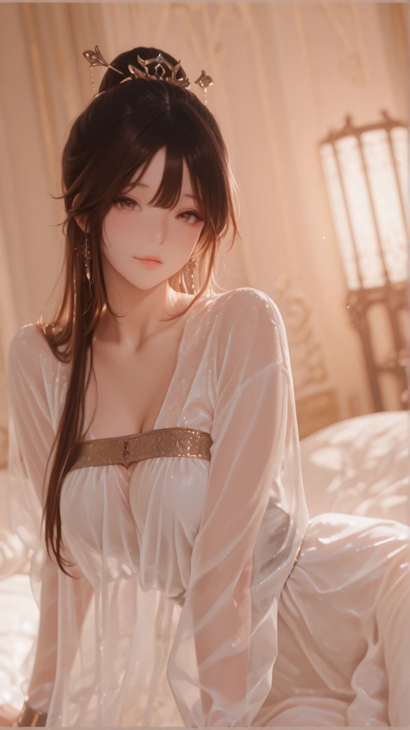 Browsing Caution,8K quality animation, (High-resolution animation), Ultra-high resolution rendering, (French woman), (Solo Female: 1.5), Queen's bedroom background, (Woman sitting with her back and buttocks facing a white bed), (Click here) (Beautiful face turned away), (White tiara on head: 1.5), A pale blue flower ornament on her head, White ribbon, (Long light brown hair: 1.5), Long hair that reaches down to the waist, (Eyes looking at me from the side: 1.5) , Beautiful Eyes, High nose, Pink Lips, (smile), (Transparent white lace underwear), Large side breasts, (Nipples are visible under underwear: 1.0), Left arm and hand stretched forward, (Hips) Transparent white lace panties: 1.5), The left leg is bent at the knee, (Left leg wearing white stockings)