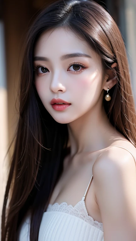 Body portrait, 8K, thin and beautiful eyes, Dindal effect, masterpiece, top quality, high quality, high resolution, very detailed photo, (natural skin texture, fine skin, hyper realism, super sharpness), high detail skin, (very fine, fine skin texture, intricate details, beautiful face, (realistic face), realistic eyes, beautifully detailed eyes, realistic skin, beautiful skin, surreal, very detailed Golden ratio, smiling eyes, ((night moonlight background) )), body portrait, G cup, big breasts, huge breasts, big breasts, glamorous, sexy knit dress,