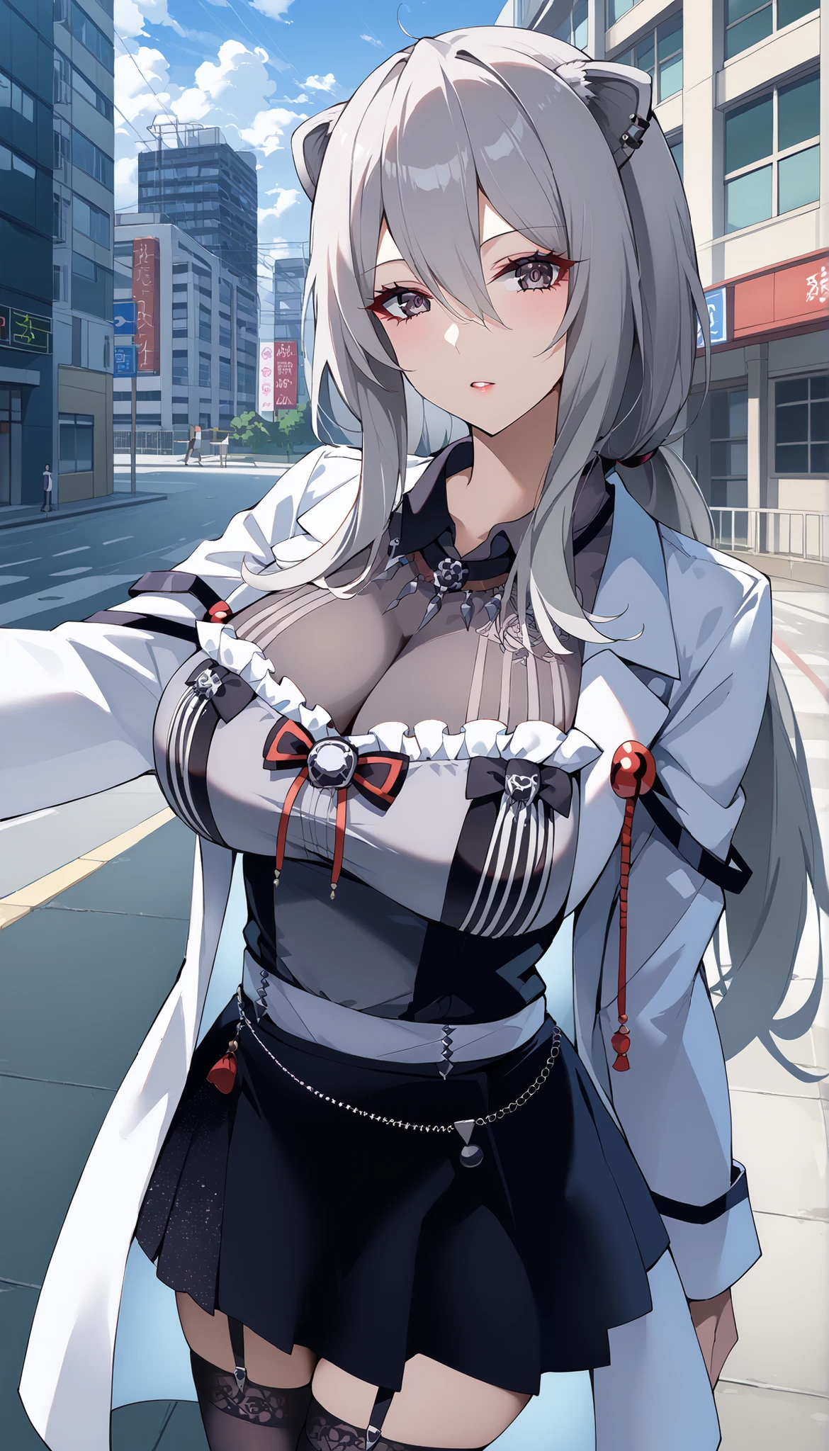 Frustration、Melancholy Feeling、Bustling city、Akihabara、City、building、Around Town 、 Wear a white coat、gothic and lolita shirt、Akihabara駅、 scramble crossing 、 crowds、gothic and lolita shirt、 Frustration、Fell、Melancholy Feeling、 I don't feel well 、 tall women 、women in their 30s、 Alassa Women 、Stein;gate、Melancholy Feeling、 score_9, score_8_up, score_7_up, Source_anime,masterpiece、City、Akihabara、 no emotion、 no makeup、 top quality, beautifully detailed eyes in a logistics warehouse, Exquisite eyes、sophisticated eyes、 very detailed eyes and faces,unmotivated expression、Indifferent face、 長いchest, 1 female, Wear a white coat、 gray shirt、白衣の下にgothic and lolita shirt、 gray gothic lolita shirt 、 Black Gothic Lolita Skirts 、 Grey Gothic Lolita Shirts、 Black Gothic Lolita Skirts 、 mini skirt、 short skirt , 大きく垂れ下がったchest, shockingly big boobs , big boobs , Room,big boobs、 chest 、 zitales , makeup、 no makeup、 black hair、 long hair in the background、smooth, straight hair、 Black stockings worn、 garter belt、黒の garter belt、 tall women 、 tall women 、 purged thighs、 shot from above