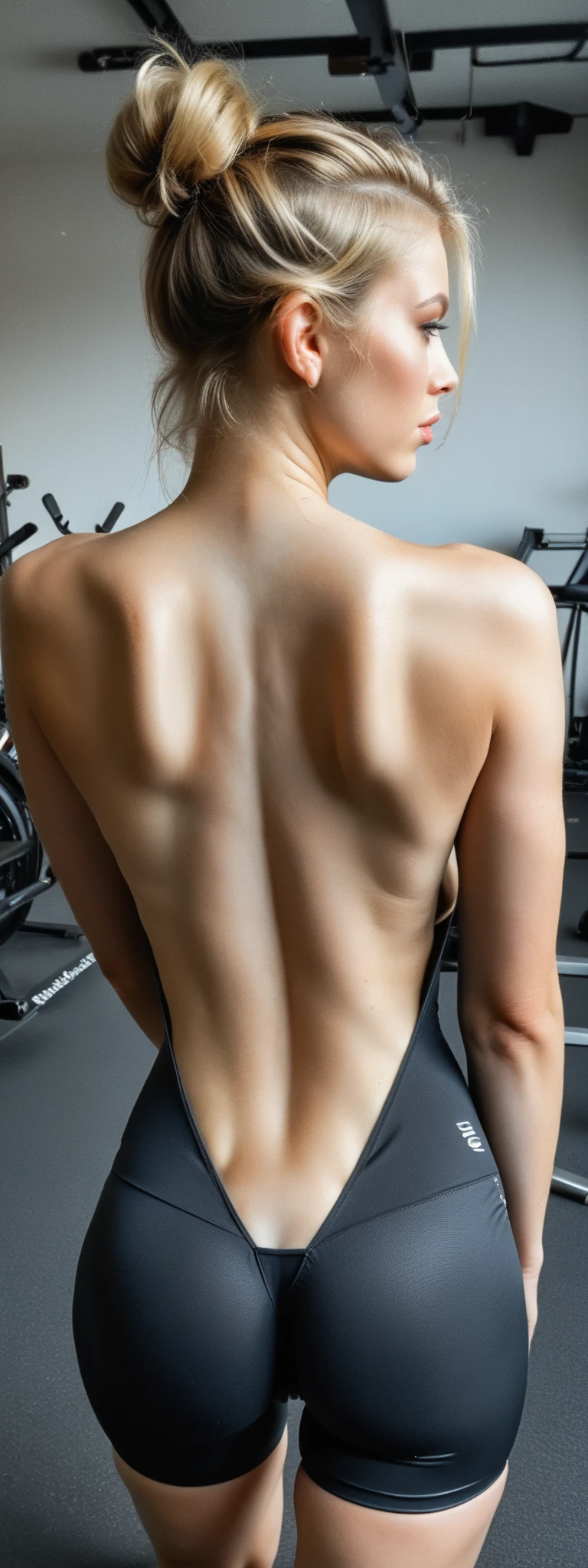 girl wearing a sleeveless uniform showing her armpits and nipples in a sideview