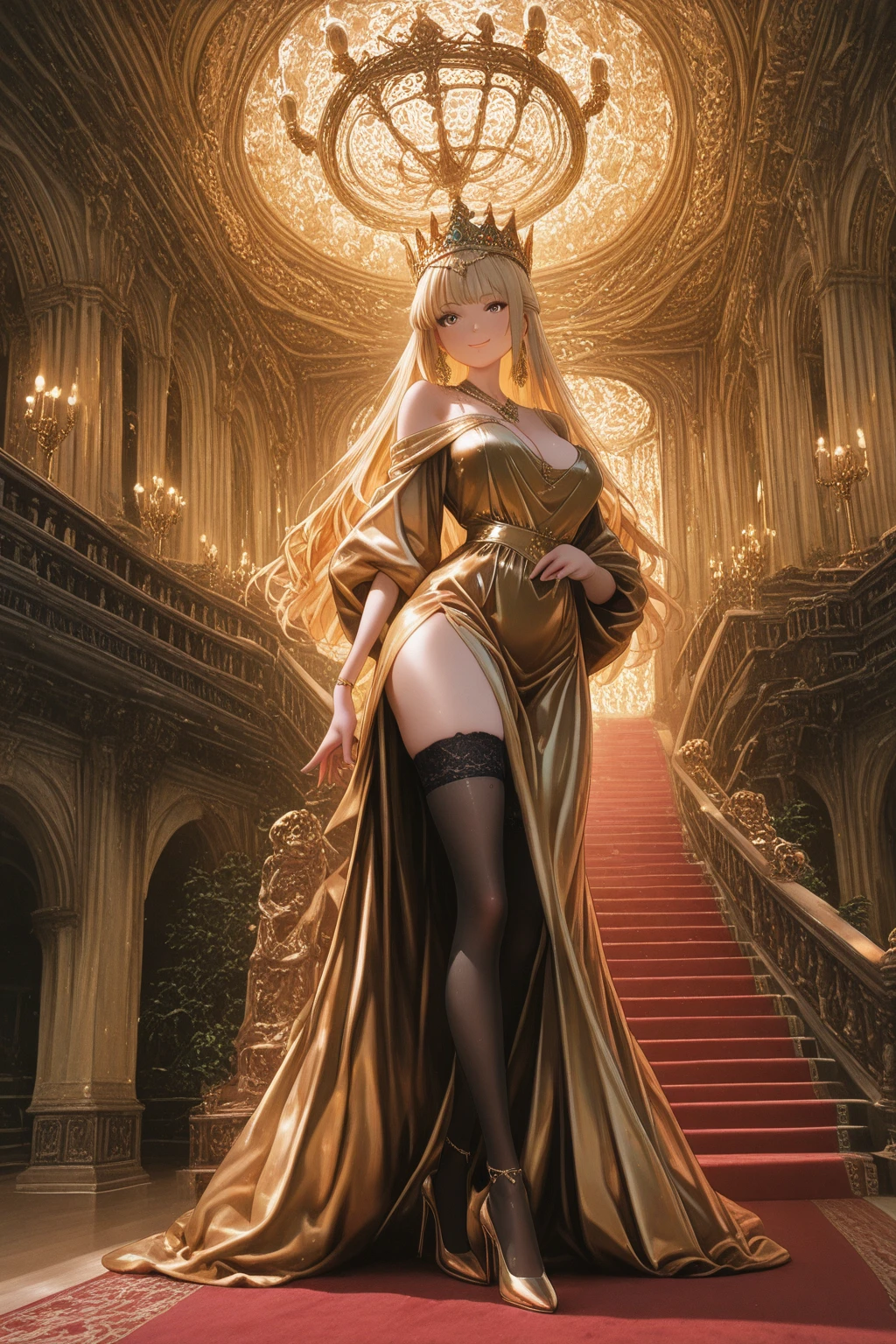Aerial View,giant girl 50,000 feet high,Weight 1000kg,Has a pair of huge golden angel wings,With huge devil horns on his head,Has waist-length golden hair,loose hair,Big wavy blonde curls,Golden crown,Wearing a pair of gold Mary Jane heels,Gold lace gloves,gold lace pantyhose,Pantyhose with bow and star decorations,金色蕾丝whole body,Standing upright on a small city,Beautiful appearance,Exquisite makeup,quality,8k,高quality,Perfect proportion, Cinema lighting,film grain,Fuji colors,8k,textured skin,Super details,high detail,high resolution,fake smile,blood stains,脚底有blood stains,whole body,Obese,feather