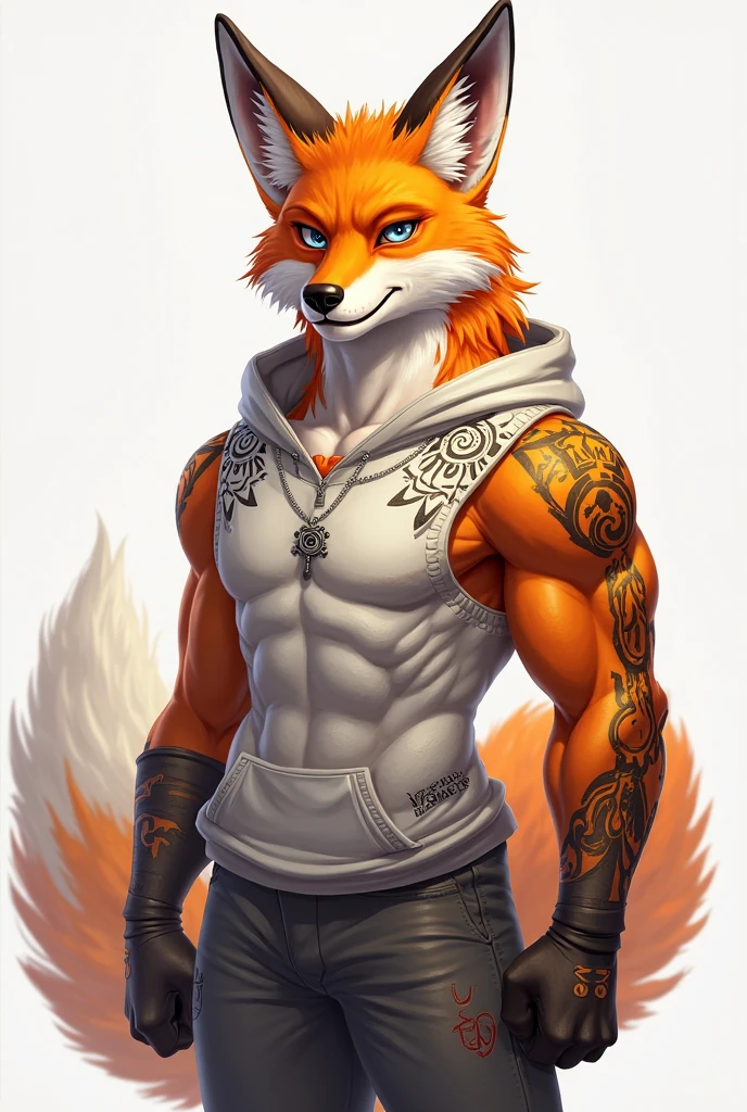 Make a furry caramel dog, with ears lowered, he is kind of muscular, he only wears simple pants, he has a wind rose tattoo inside his replacement eye, since he lost his eye