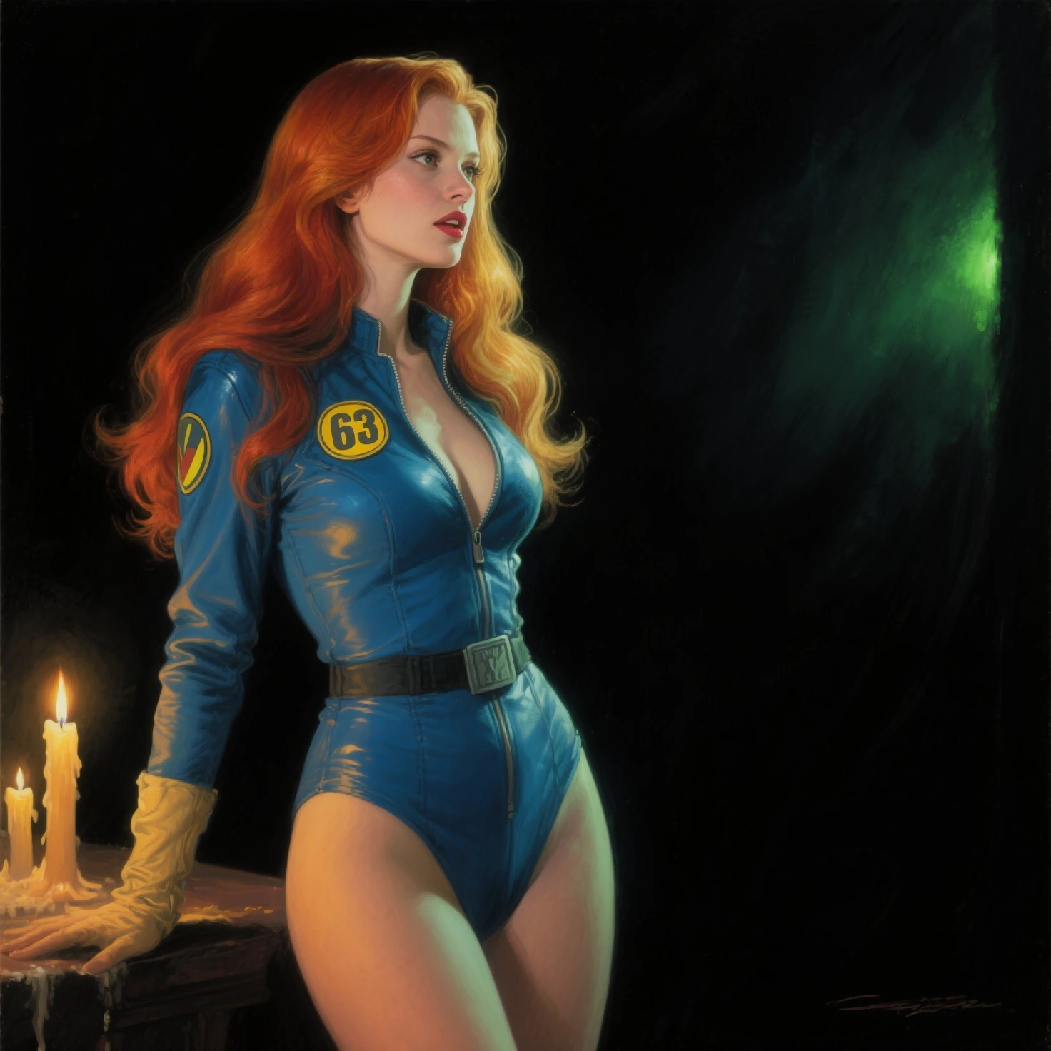 An innocent and beautiful young woman, (Lena Headey:Gillian Jacobs:0.5), long dark red hair, (wearing a blue deeply plunging bodycon Fallout 4 vaultsuit), cleavage, armed, high detail face, high detail skin, seductive expression, perfect body, (perfect proportions), a nuclear wasteland background with scattered ruins, high quality, (masterpiece), (realistic photo), intricately detailed, 8k, HDR, shallow depth of field, wide light, high contrast, backlight, sharp focus, RAW color photo, looking at the camera, vivid colors, in the style of Fallout 4