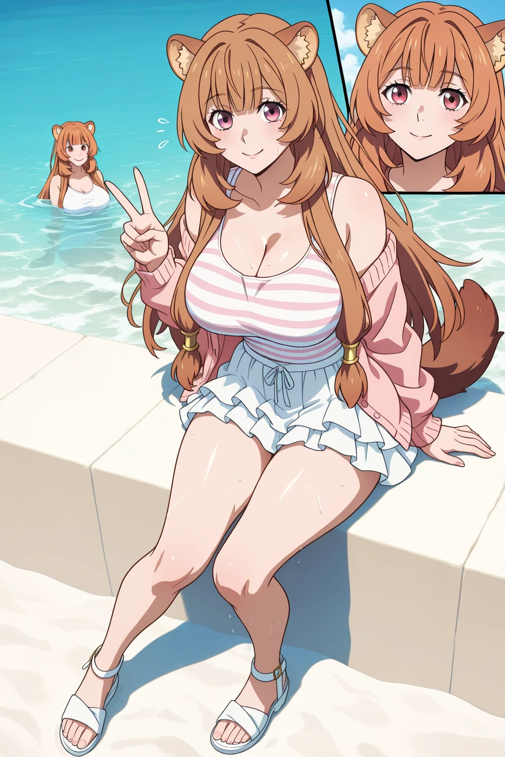 masterpiece, best quality, high quality, beautiful anime character, solo, anime girl with brown hair, soft hair, long hair, blue eyes, cat ears, big breasts, mature female, tall female, big girl, thick, (calming face, light smile, loving eyes), outdoors, (pool swimsuit), cat tail, full body, sitting,