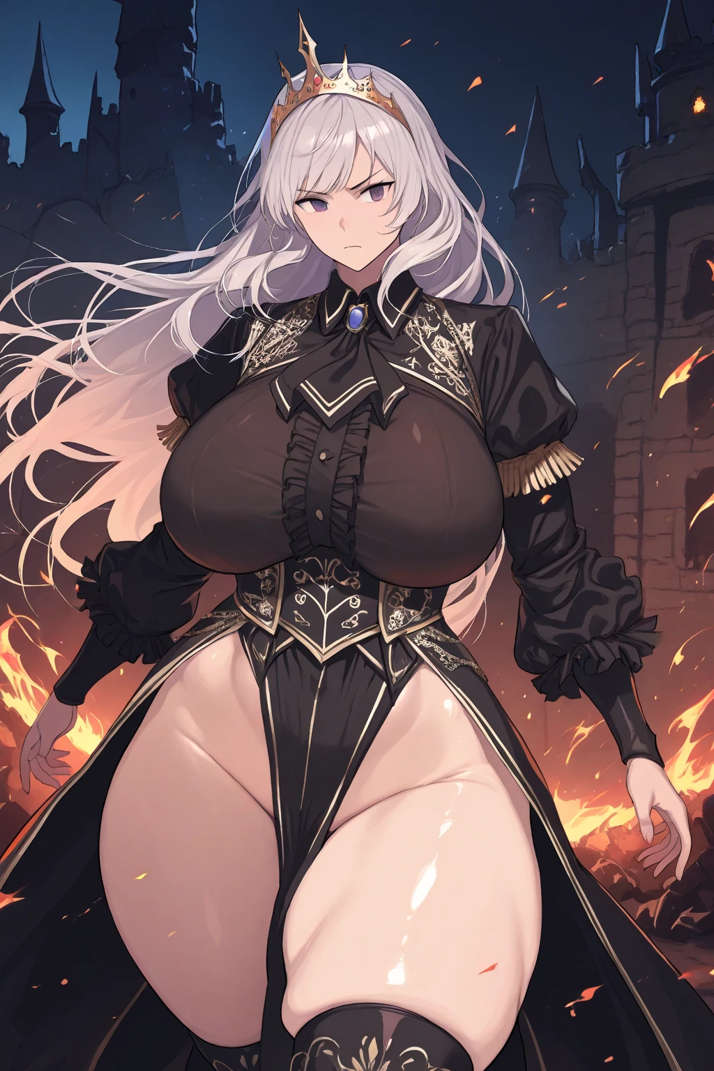 masterpiece, best quality, legCorrin, black hairband, cleavage, black armor, shoulder armor, gauntlets, black gloves, torn cape, black leotard, black legwear, crossed arms, ((torn clothes)), ((beaten and injured person)), ((crying)), ((big tits)), ((thick thighs)), ((Defeated)), looking at viewer, from below, night, torches, castle, gothic architecture