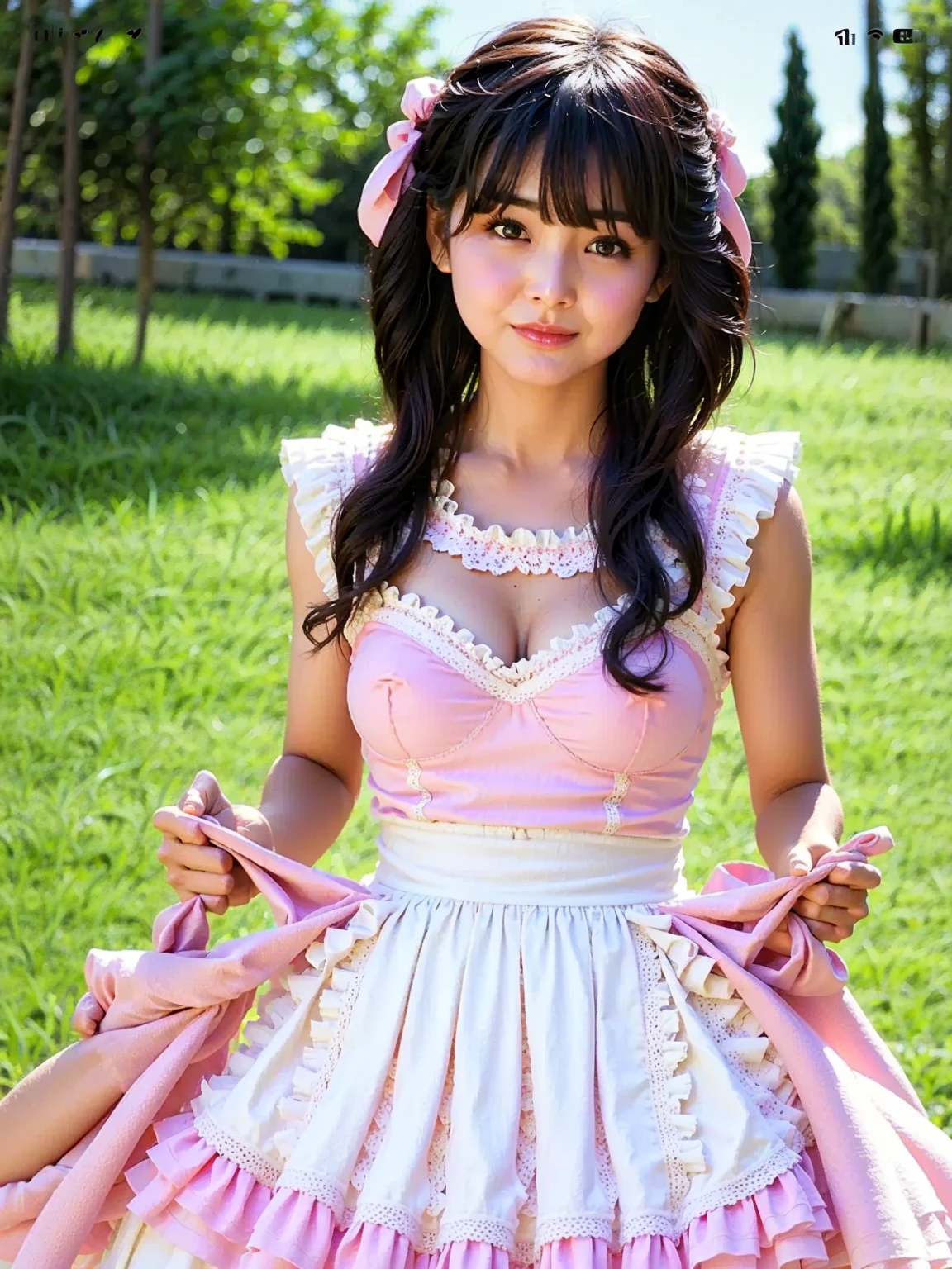(highest quality、masterpiece、8k、Best image quality、Hyperrealism、Award-winning works), Wearing a pink collar, Her body is tied up with pink rope, One beautiful girl, (alone:1.1), (1 photo:1.1), Standing elegantly woman full body photo, (Girly and cute light pink frilled sheer lolita dress:1.2), (Cute girly big ribbon:1.1), (Cute and luxurious hair accessories:1.1), Ultra-high definition glossy lips, Slender body, Smiling and gazing into the distance, Girly lace decoration, Cute girl frills, (Cute girly lolita wavy hair:1.1), (Short length:1.1), (height: 160cm:1.1), (Big Breasts:1.2), (Soft cleavage:1.1), Cute heart ornament, Lots of cute frills, Big pretty ribbon, Ultra-high definition beautiful teeth, Long eyelashes, Accentuate your body lines, Standing Elegantly, (very bright and vivid:1.2), Blurred Background, Accurate anatomy, Perfect Makeup, Glossy Lips, Ultra-high definition glossy skin, (Ultra-high definition, bright and beautiful skin:1.2),