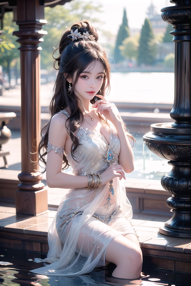 (msterpiece:1.3), (8k, RAW photo, best quality: 1.4), beautiful face, beautiful hairstyle, beautiful detailed eyes, beautiful skin, absurdres, attractive, ultra high res, highly detailed,NSFW, 3 girls in abandoned underground basement, big breast,facial close up,necklace,arms behind back,evil smile,knife,light long hair, ultra detailed skin,Heavy makeup, flower hairpin, naked,colorful patterned lace dress, dirty ground,on a rock,bondage,dirty rock,half body,