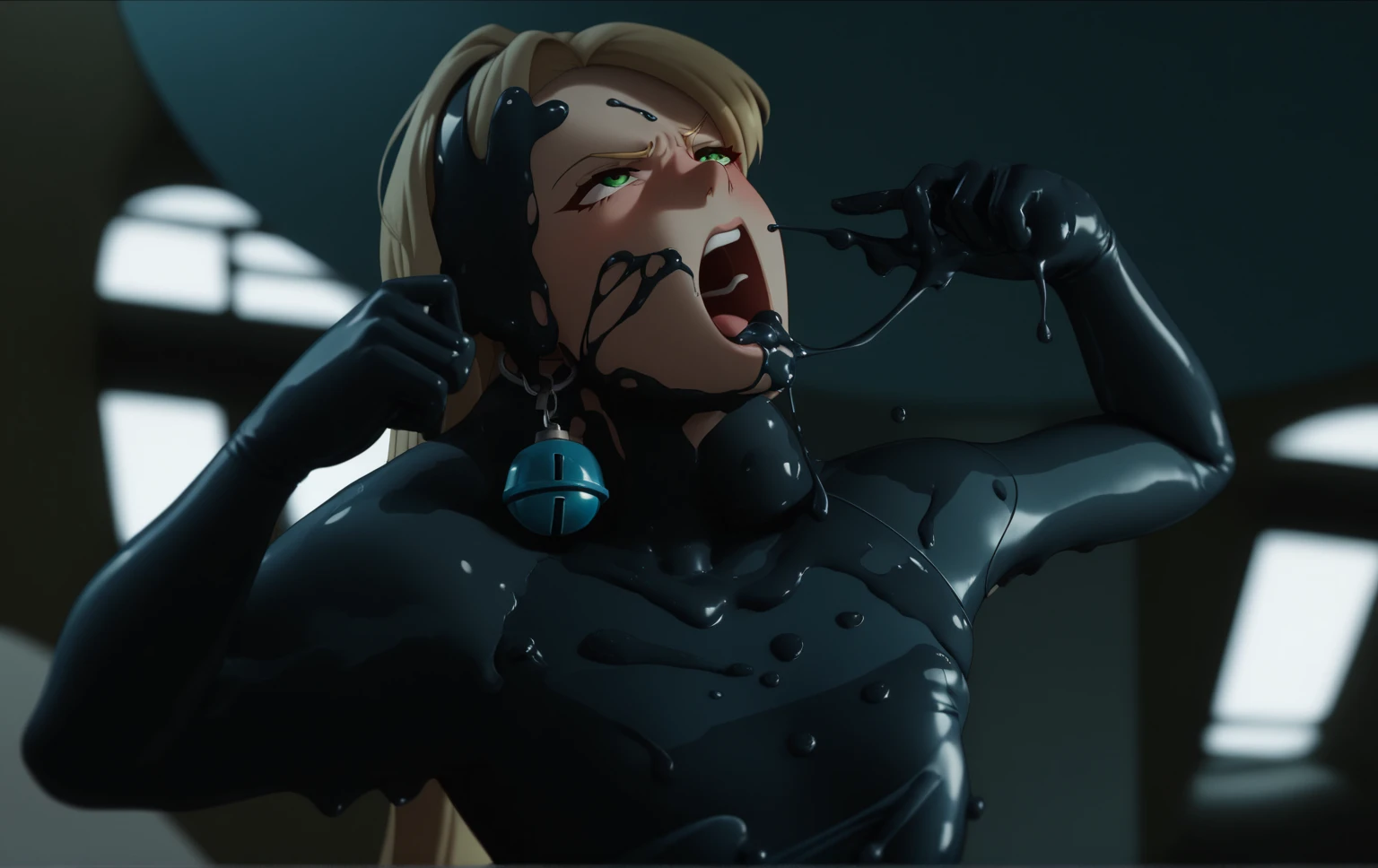 Close-up of a girl in a black shiny latex suit, Glossy leotard,Saiyan Girl, wonderful, Nano Girl, Female body type, Inspired by Hiromu Arakawa, Anime Manga Robot!! Anime Girls, Fubuki, Full Body Suit, by Hiromu Arakawa , wonderful, silk, Beautiful and attractive anime teen, Anime Girls of the future, tears,Drooling,Pee,Sweat,Ahegao,Tongue out,Droolingを垂らしている,Mouth open and tongue out,Sticking out your tongue and drooling,Estrus,Nipple Pochi,Eyes wide open,Estrus!!!,Blushing,Drooling with excitement,Droolingが垂れている,垂れたDroolingが胸についている,I feel sexual,Excited,Nipples are erect,Face is hot,Joy,Lust!!!,Lustして舌を出している,Lustして涎を垂れ流している,Sticking out his tongue,Ahegaoで舌を出している,Mouth wide open and tongue sticking out,Drooling from the mouth,Drooping tears,Drooping tearsがおっぱいについている,Chest,Nipple Emphasis,腋にSweat染み,股間にSweat染み,胸元に大量のSweat,滝のようなSweat、Red face paint on chin、Red face paint on the upper half of the face