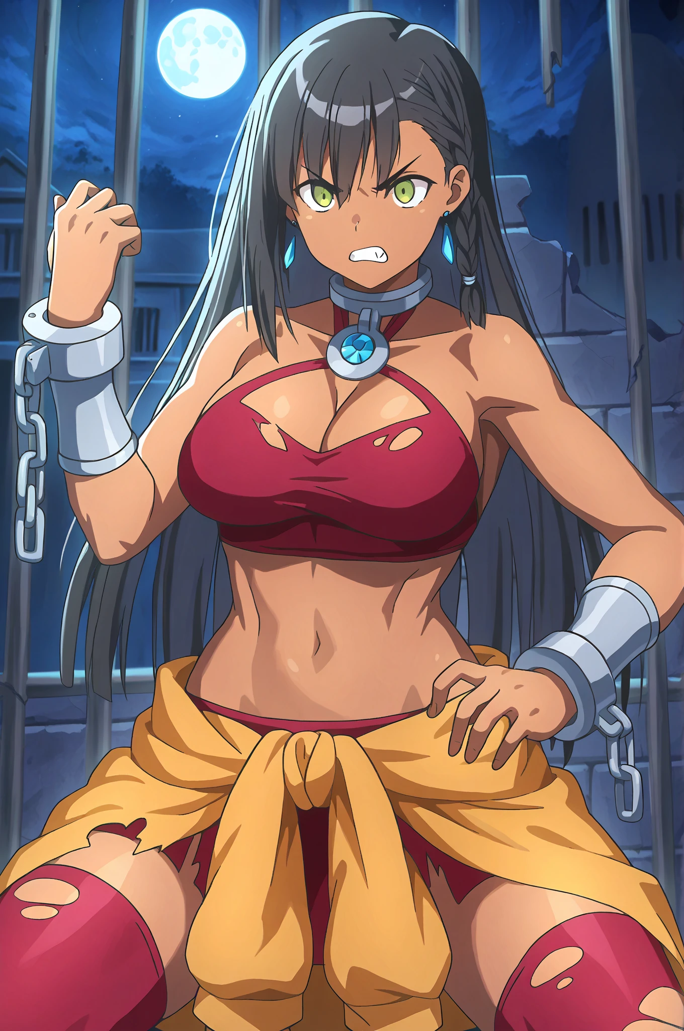 (extremely detailed CG unity 4k wallpaper),(masterpiece),(best quality),(ultra-detailed),(best illustration),(best shadow),(absurdres),(detailed background), <lora:OGT_Olivia_Servant-v2:0.9> Olivia Servant, 1girl, breasts, solo, long hair, chain, cleavage, blue hair, dress, blue eyes, parted lips, cuffs, large breasts, armlet, braid, night, sky, white dress, medium breasts
