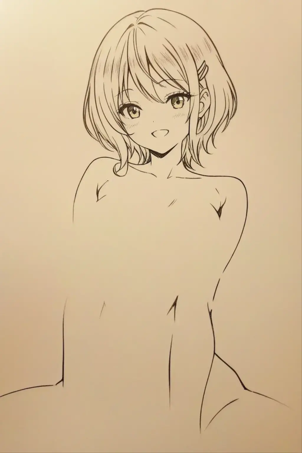 naked, medium breasts, nipple, black ponytail hair, head facing to the right, armpits, cowboy shot, showing genital
