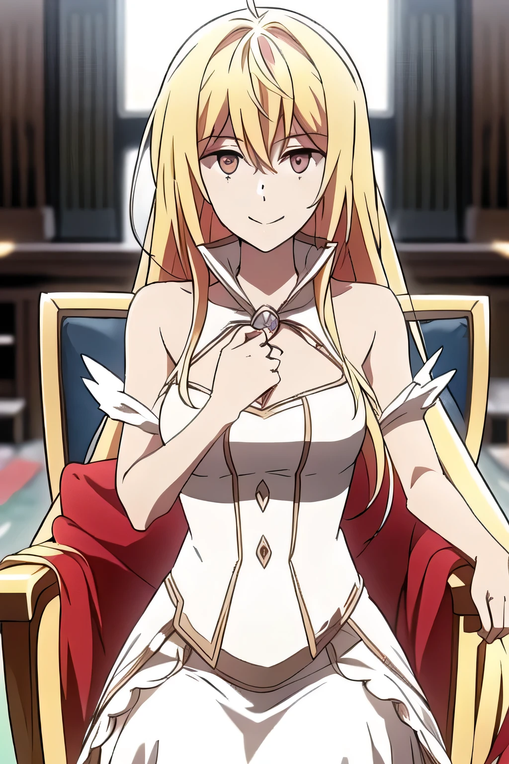 a woman with long blond hair，，I need a face，smiling alone in an abandoned royal palace in a quiet space，chair by the library window，Can you draw a figure of a fallen aristocrat，I give top priority to facial expressions, so don't trim faces，living a decent life，