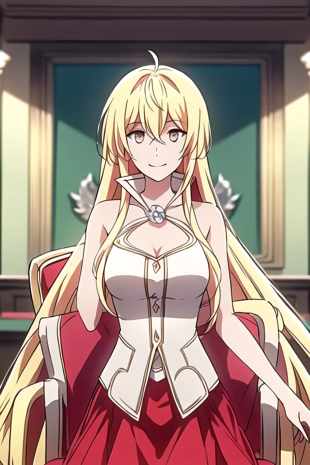 a woman with long blond hair,,I need a face,smiling alone in an abandoned royal palace in a quiet space,chair by the library window,Can you draw a figure of a fallen aristocrat,I give top priority to facial expressions, so don't trim faces,living a decent life,
