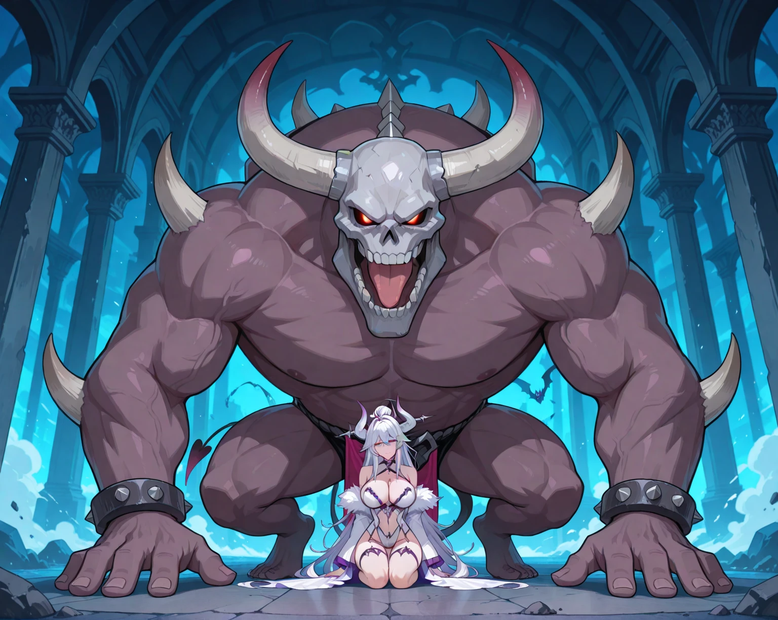 ((Highest quality)), ((masterpiece)), (detailed), (Perfect Face)、The woman is a sexy devil with jet black skin、The woman is a jet-black female demon straddling the Demon King and having sex with him, inserting his penis into her pussy and ejaculating a large amount. She has magnificent demon horns, jet-black wings, and a jet-black tail. Her skin is jet-black and she is a naked jet-black demon named Princess Leona. She has medium-long light brown hair, and is a demon in both body and mind. She has the expression of a maiden in love.、The woman is having sex with her beloved husband, the dignified and powerful demon king, straddling him and inserting his penis into her pussy, resulting in a large amount of .