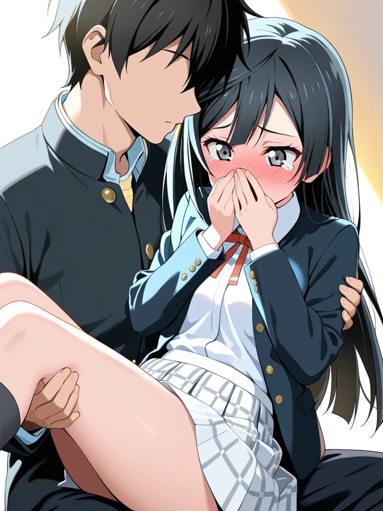 score_9, score_8_up, score_7_up, source_アニメ, masterpiece, 1girl, watahana, blue eyes, black hair, long hair, bangs, hair ornament, hair flower, pink flower, full body, indoors, open mouth, White knee-highs, Full Body, Primary school students、Open your mouth, Black Hair、Shiny Hair, Highest quality、skirt open、White panties、cute、blush、Watery eye、Sex、Creampie、vaginal penis, missionary, saliva trail, orgasm, Drooling pulls a thread、Semen overflowing、Cum String、(A lot of semen)、Wet、Anime H、Violent Rape、Trembling、1boy, intercourse with a man, Insert the big penis、(uterus at viewer penis inserted into pussy from cross section looking through)