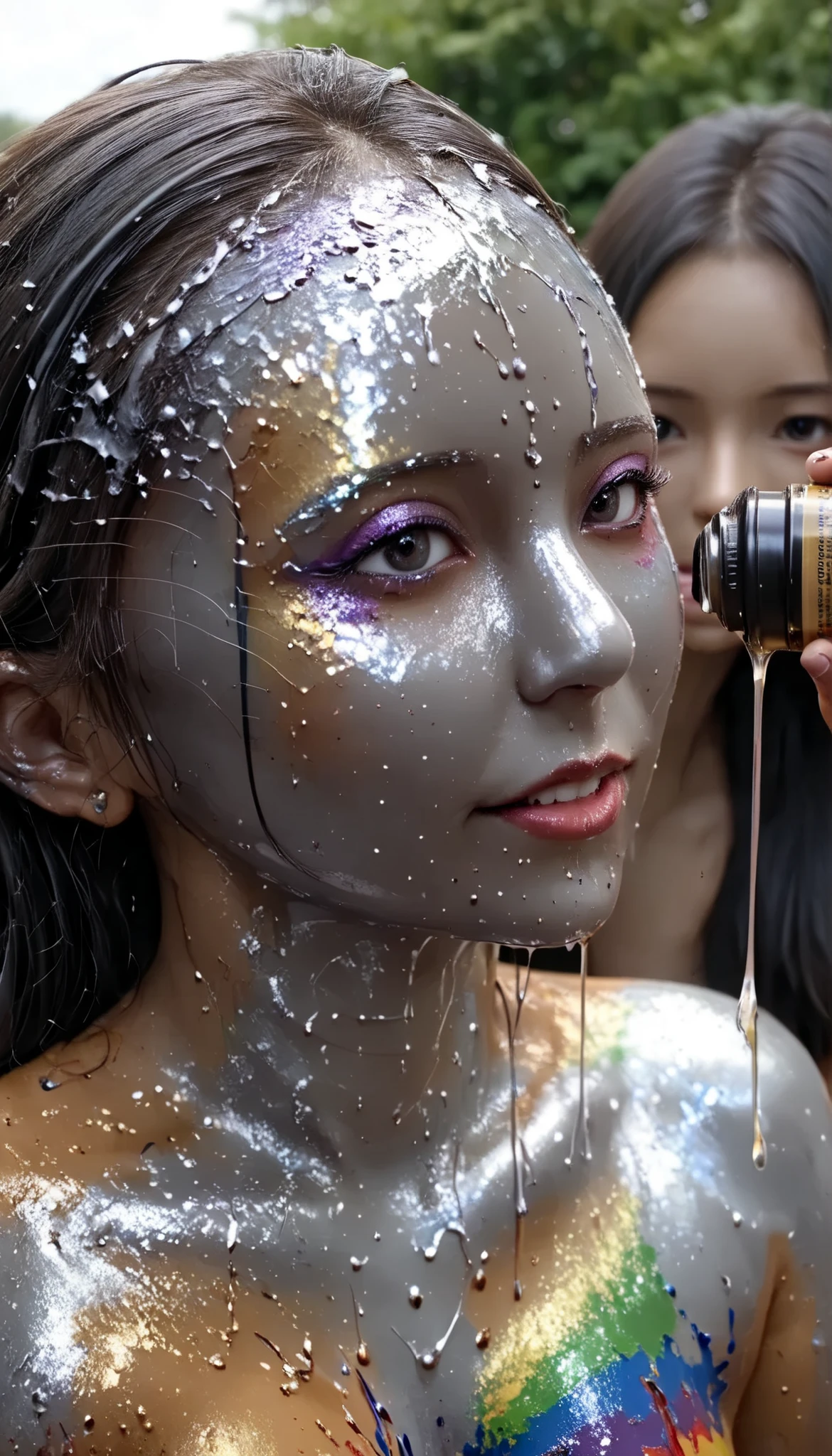 best quality 、High Quality 、 最high res、high res、Show me 8K quality、HIGH DEFINITION 、best quality、 masterpiece 、immersive video、 very realistic image 、realistic picture、 Perfect Details 、 High Contrast 、High Fidelity、 perfect photo without blurring、close to reality、 detailed images、 Detailed and Realistic Human Body 、 Detailed and Realistic Human Skin 、 real face in every detail、 Realistically Detailed Eyes 、 realistic lips drawn down to the smallest detail 、 detailed and real teeth、Realistic Ears、 Realistic hair 、Erectile Head、Mansuji、((Japanese Models))、((Beautiful mature woman))、((Madame))、((Adult face))、(( black hair))、((big boobs))、((slim and perfect mature bodies))、(((Glossy skin all over )))、(((Body Art)))、(((Liquid Art)))、(((Mucus Art )))、(((Apply mirror finish rainbow metallic to the entire skin)))、(((Apply shiny rainbow metallic paint all over the skin)))、(((Apply rainbow metallic oil paint all over the skin)))、(((Apply rainbow metallic oil that reflects light all over the skin)))、(((full body footage from head to toe)))、(((View her from random angles)))