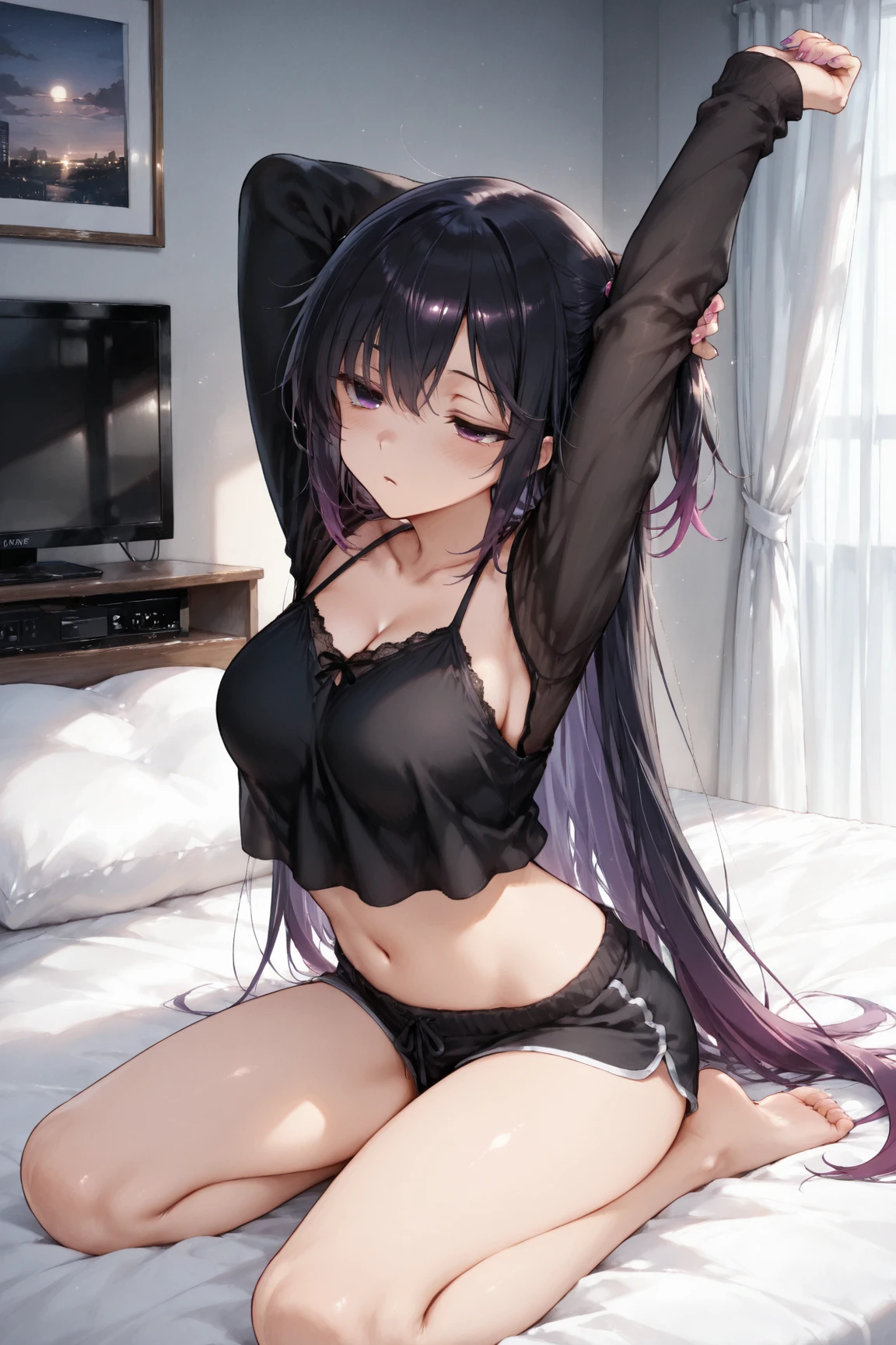 1女高中生Lying on your side in bed,Show your shoulders,Close your eyes,blush,Open mouth slightly,Cover with a towel,Lying on your side in bed,Curved body,High top view,Full body image