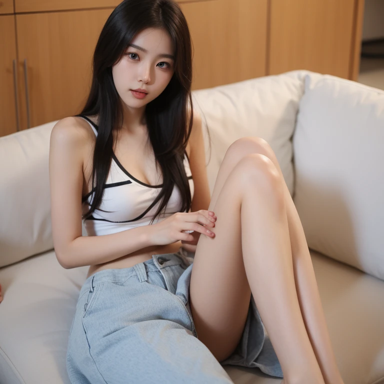 Girl's black hair, ((masterpiece, highest quality, high quality, high resolution, high quality texture, high quality shadows, high detail, beautiful detail, fine detail (beautiful face, beautiful delicate eye details, highly detailed skin, detailed skin, best ratio four fingers and thumb, large middle breast, wide hips), (8K), (best quality), (masterpiece: 1.2), (realistic), (photorealistic: 1.37 ), camel claws