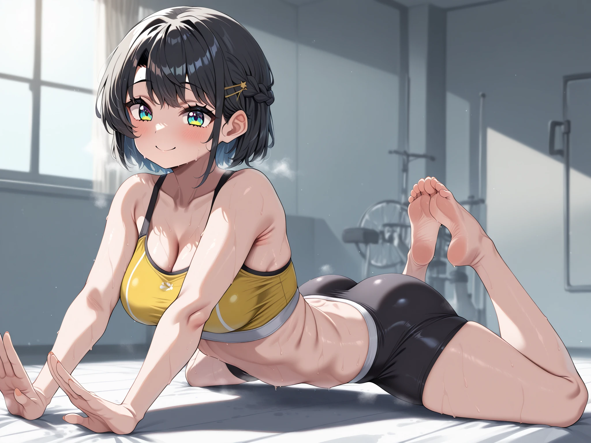 Cute Girls、Yoga poses on yoga mat、Splits、Gym、Smaller breasts、older sister、Short Bob
