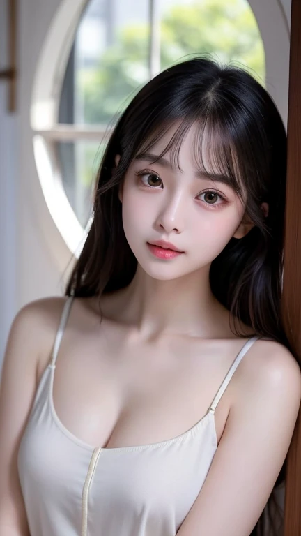 (masterpiece, best quality), illustration, 1girl, flowing black hair, looking at viewer, (squeezing breasts together, leaning forward), large breasts, breast focus, white skin, toned body, bare midriff, (cleavage, (sexy lingerie, black, black lingerie:1), (grey background, simple), full figure, full body, Realistic,