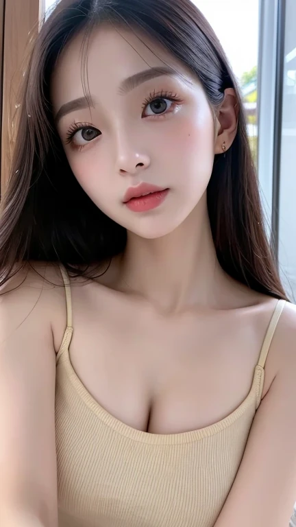 (Top quality, 8k, Masterpiece: 1.3), she is a lovely lady with a perfect figure: 1.4, dark brown hair, angled from the waist up, sleeping in a bedroom, very detailed face and skin, fine eyes, double eyelids, puffy eyes, detailed eyes, bangs, long hair,