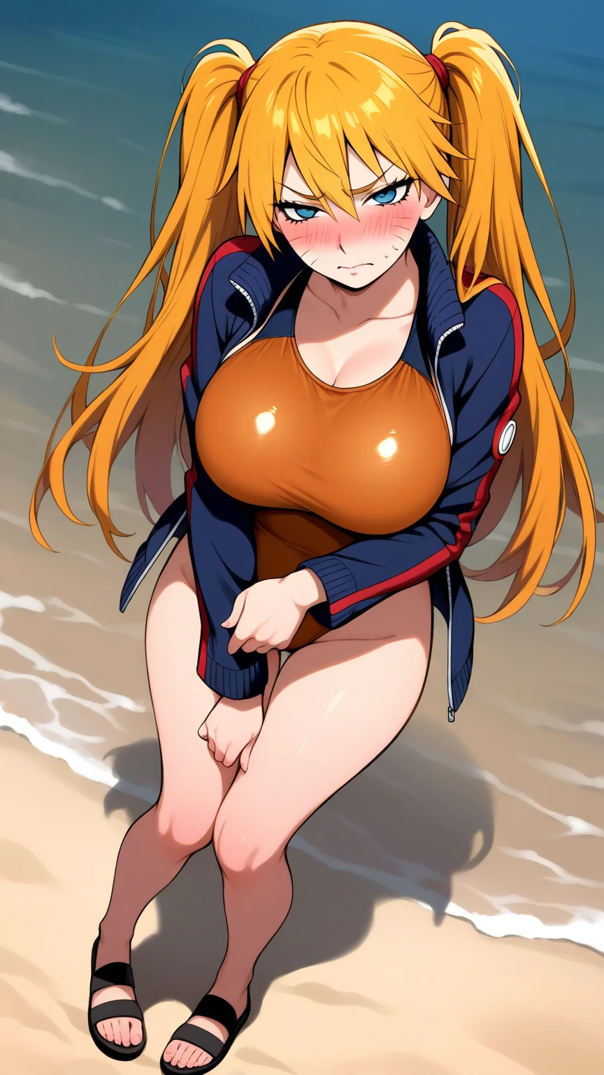 masterpiece, best quality, ultra-detailed, 1girl (namiop, Big and pretty breasts, naked body, dark skin, blonde hair, long hair, brown eyes), a seductive face, smirk, parted lips, facing viewer, looking at viewer, solo, nude, vest, wanostyle, night time, sea,ship,  standing,  Sexy waist teasing,  a provocative pose,  spread arms,  womb tattoos, come-on, temptation, legs tattoos, arms tattoos, 