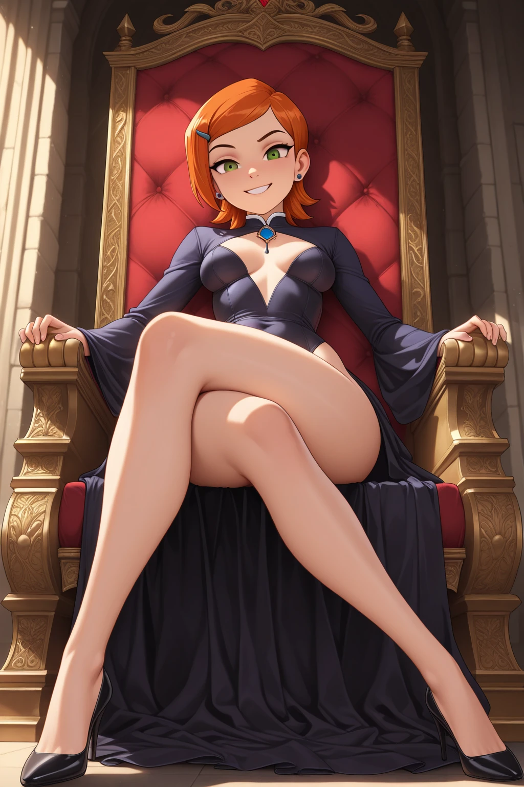 Aerith Gainsborough from final fantasy 7 rebirth, extremely detailed face, ((nude)), moaning, , (((full body))), ((barefoot)), relaxing on red lounge chair in velvet and gold decorated lounge, exaggerated grin
