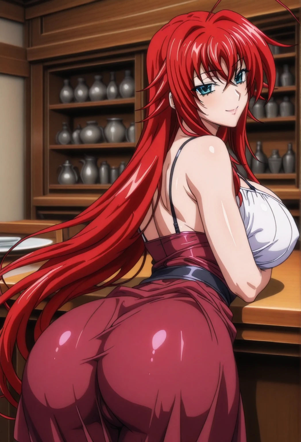 Highschool Dxd, Rias Gremory, 1girl, ((bimbo))), long red hair, blue eyes, erotic smile face, puffy lips, painted lips, thick lips, wide hips, thick thighs, huge Natural breasts, huge ass, shiny skin, oily skin, black panties, black bra, black lingerie, tall, looking back, bubble butt, ass posing, breasts bulge, 
