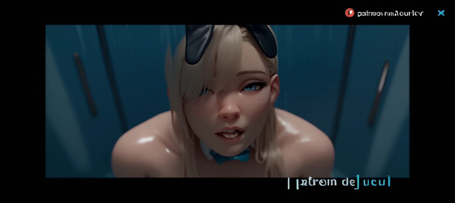 1 girl facing front, cute, short hair, blue hair, grey eyes, on her knees, naked, without clothes, sucking a boy's penis, face full of semen, semen on the girl's face, wet skin, shine on the skin, in a forest, during the day, glow, cabin in the background, lighting.