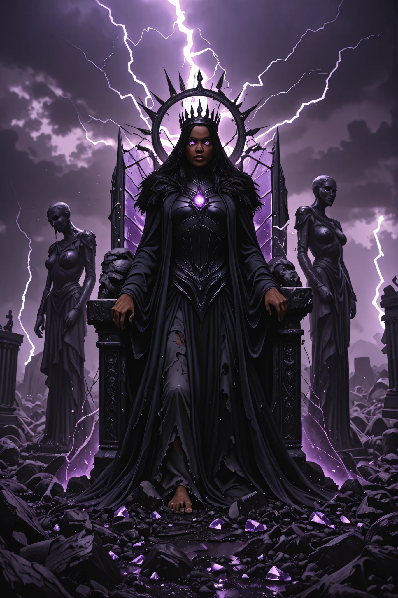 A post-apocalyptic monarch Dark skinned, black hair, bright purple eyes, wearing a black coat and cargo pants, standing atop a ruined throne in a shattered wasteland. The monarch wears a cracked, ancient crown fused with wires and glowing crystals. Their regal cloak is torn and scorched, fluttering in the toxic wind. Around them lie the remnants of a fallen empire — rusted machines, broken statues, and blackened banners. The sky is dark with storm clouds and lightning, casting an eerie light over the desolate land. Their eyes glow faintly, symbolizing a mysterious power or curse that kept them alive through the collapse. Style: dark fantasy, cinematic lighting, ultra-detailed, dramatic mood.