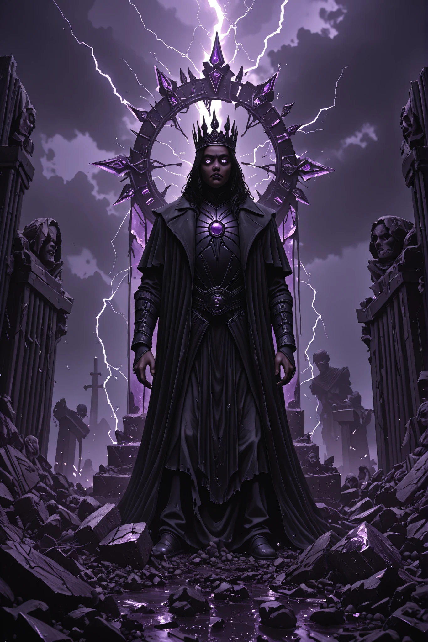 A boy, an post-apocalyptic monarch, Dark skinned, black hair, bright purple eyes, wearing a black coat and cargo pants, standing atop a ruined throne in a shattered wasteland. The monarch wears a cracked, ancient crown fused with wires and glowing crystals. Their regal cloak is torn and scorched, fluttering in the toxic wind. Around them lie the remnants of a fallen empire — rusted machines, broken statues, and blackened banners. The sky is dark with storm clouds and lightning, casting an eerie light over the desolate land. Their eyes glow faintly, symbolizing a mysterious power or curse that kept them alive through the collapse. Style: dark fantasy, cinematic lighting, ultra-detailed, dramatic mood.