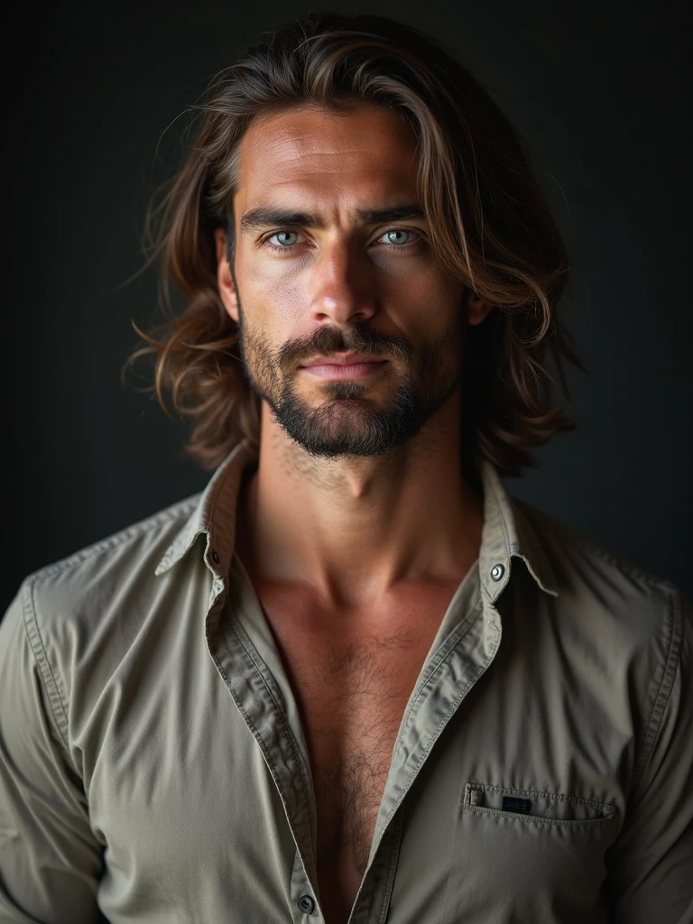 40 year old brown haired man, brown eyes, well formed jaw, belle masse musculaires 