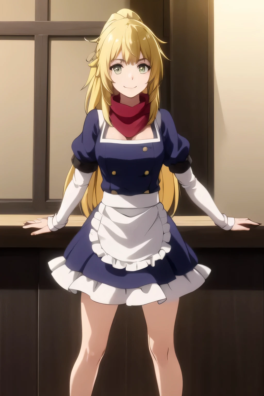 Waitress Costumeの女性を描けますか,,Woman with long yellow hair,((yellow long hair,ponytail)),nice smile,A woman who works at a restaurant at night,Waitress Costume,neck scarf,Can you draw a part-time job for a fallen aristocrat, ,I need a face,can you is drawing a more delicate expression, Accurate body expression,I have Obon,、the hands and feet are accurately depicted ,(is drawing a more delicate expression),( yellow scarf),,I am alone ,