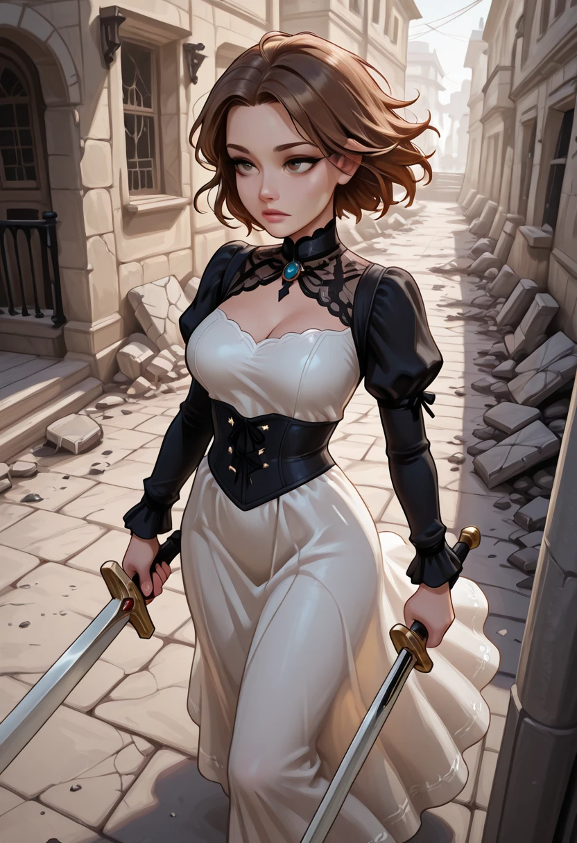"1girl, A commanding and fierce warrior maiden exuding strength and power, wearing an unconventional blend of a maid outfit and sturdy armor.