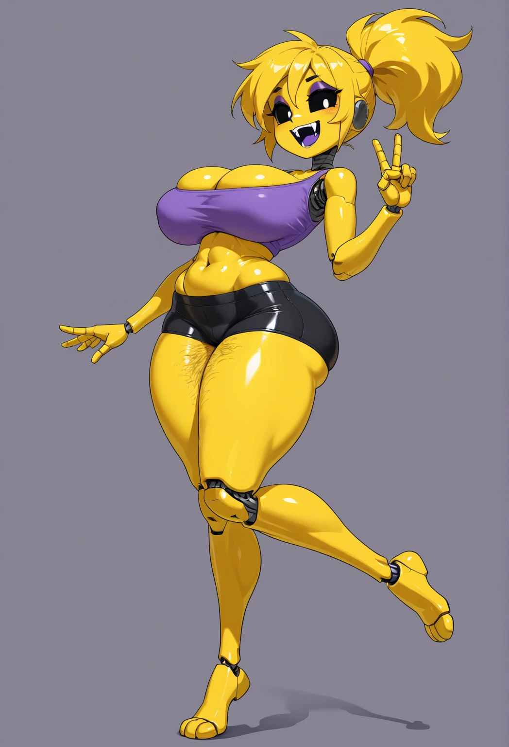score_9, score_8_up, score_7_up, score_6_up, score_5_up, score_4_up, source_anime, smooth, highres image, fullbody, volumetric lighting, beautiful face, detailed face, detailed texture skin, detailed face, detailed eyes, beautiful eyes, from below, povsit, toychica, \(fnaf\), yellow skin, black shirt, tank top, bike shorts, (lowering pants, holding pants), black knees socks, standing, covered body: 1.2, huge breasts, (smirk smile: 1.2), furry, yellow fur, smirk face, naughty face, grin, yellow skin, thick legs, pink eyes, thick body, thick legs, looking at viewer, blonde hair, big ass, one eye closed, winking one eye, tongue out, showing tongue, :p, thick thighs, wide hips, side view, 5 fingers, intricate details on hands, good hands, (simple grey background), dutch angle, blurry background