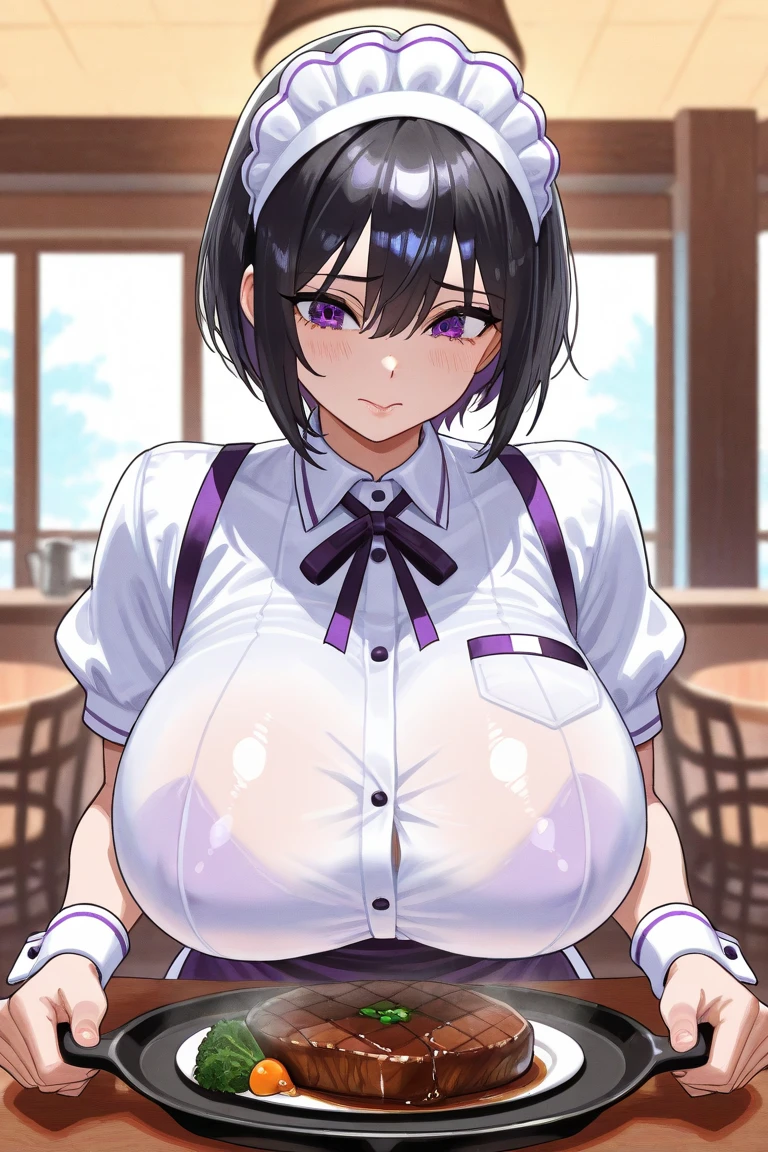 hot, sweating, sweaty, slight tan, big boobs, tan skin, flustered, blush, buny suit, bunny suit, black hair, ponytail, bunny girl, black suit, stockings, hot, in bar, plump