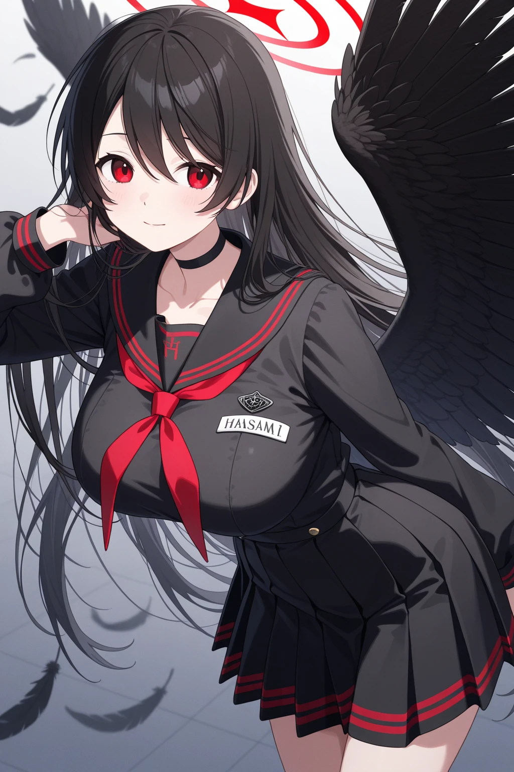 anime girl with black hair and red eyes with angel halo, gapmoe yandere grimdark, portrait gapmoe yandere grimdark, helltaker, demon anime girl, akane owari danganronpa, albedo from the anime overlord, gapmoe yandere, 1 7 - year - old anime goth girl, albedo from overlord