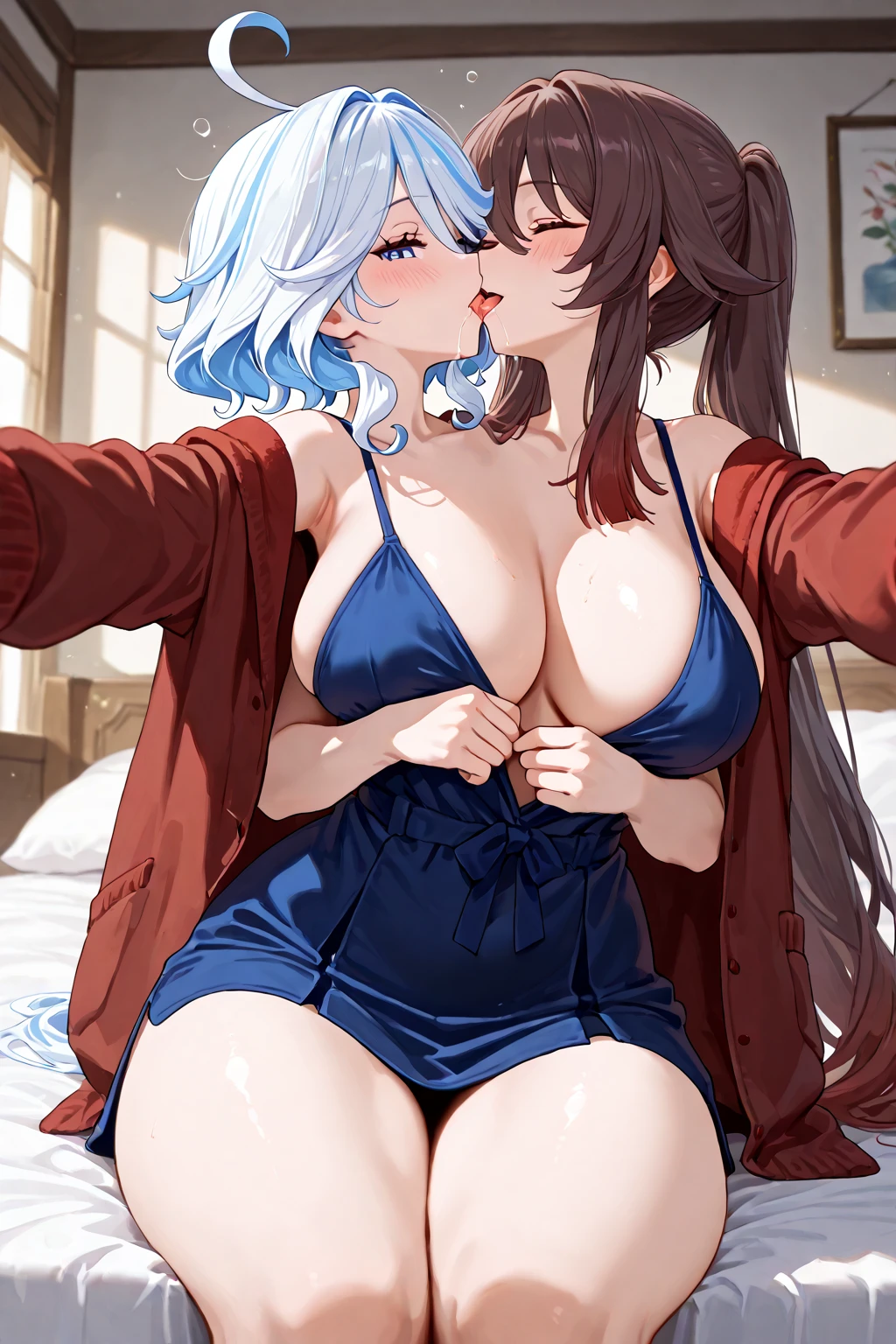 masterpiece, best quality, two heads, tongues conjoined, tongues merged, kissing with tongue, tongues kissing, purah, red glasses, hair ornament, white jacket, sleeveless shirt, black skirt, upper body, from above, looking at viewer, smile, open mouth, furrowed brow, rustic village 