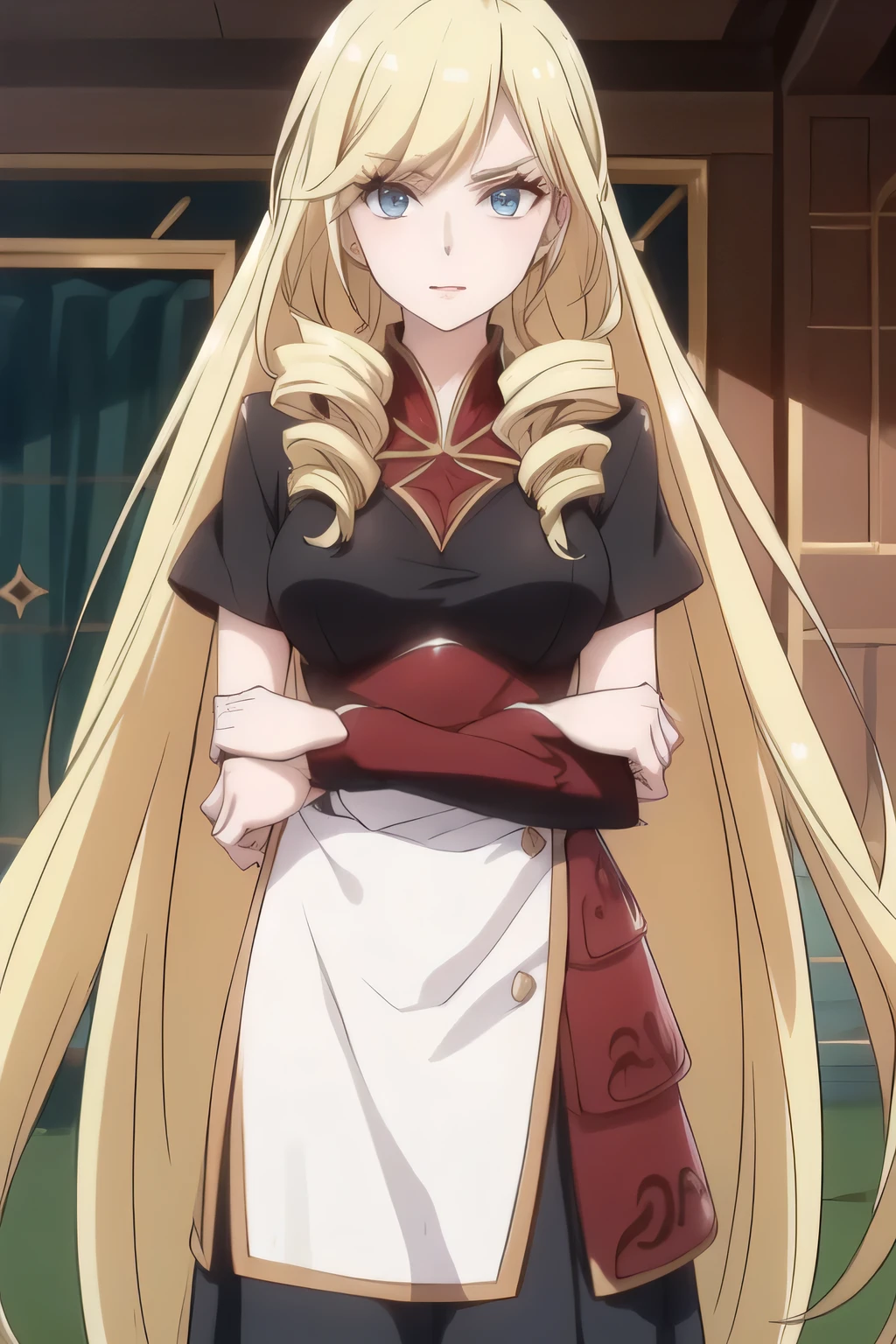 a woman with long blond hair,fallen aristocrats hidden,Can you draw a woman who works in a housekeeper costume,plain uniform