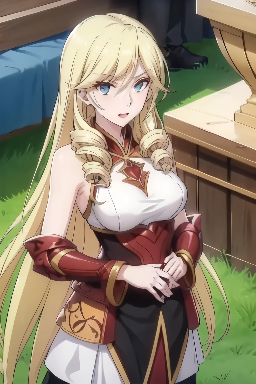 a woman with long blond hair,fallen aristocrats hidden,Can you draw a woman who works in a housekeeper costume,plain uniform