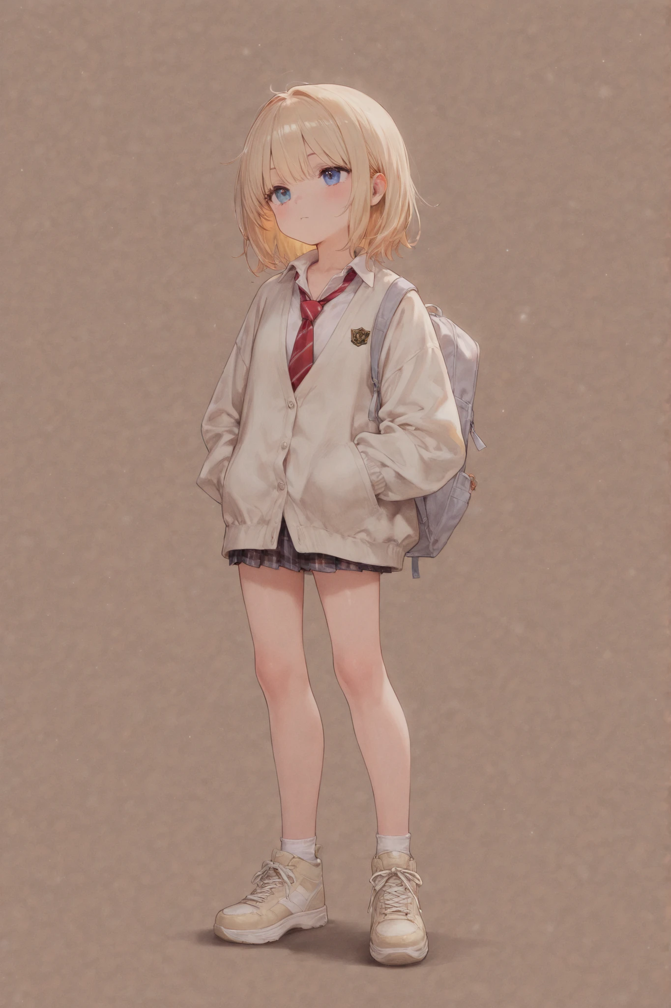 masterpiece, highest quality, Official Art, 8k wallpaper, Very detailed, figure, Small 1 person girl cute, with cute makeup, bob cut with trimmed ends, blonde , Wide Hips, Round ass, WEAR cool shoes, wear Tight pencil skirt, FOCUS WEAR TOP, Backpack, Are standing, HAND ON THE HIPS, From the back, back view, face surprised. FOCUS ALL BODY VIEW.