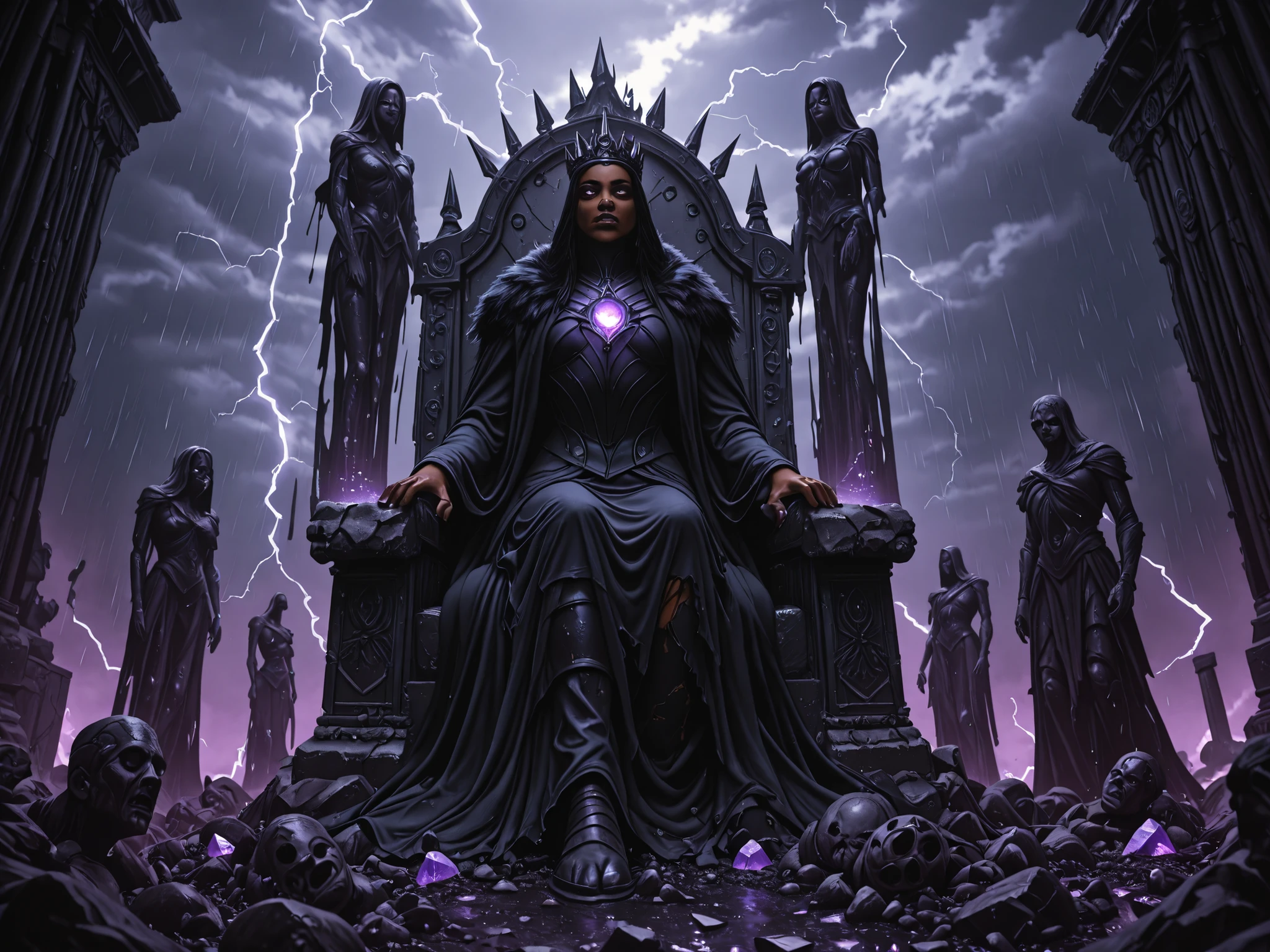 A post-apocalyptic monarch Dark skinned, black hair, bright purple eyes, wearing a black coat and cargo pants, standing atop a ruined throne in a shattered wasteland. The monarch wears a cracked, ancient crown fused with wires and glowing crystals. Their regal cloak is torn and scorched, fluttering in the toxic wind. Around them lie the remnants of a fallen empire — rusted machines, broken statues, and blackened banners. The sky is dark with storm clouds and lightning, casting an eerie light over the desolate land. Their eyes glow faintly, symbolizing a mysterious power or curse that kept them alive through the collapse. Style: dark fantasy, cinematic lighting, ultra-detailed, dramatic mood.