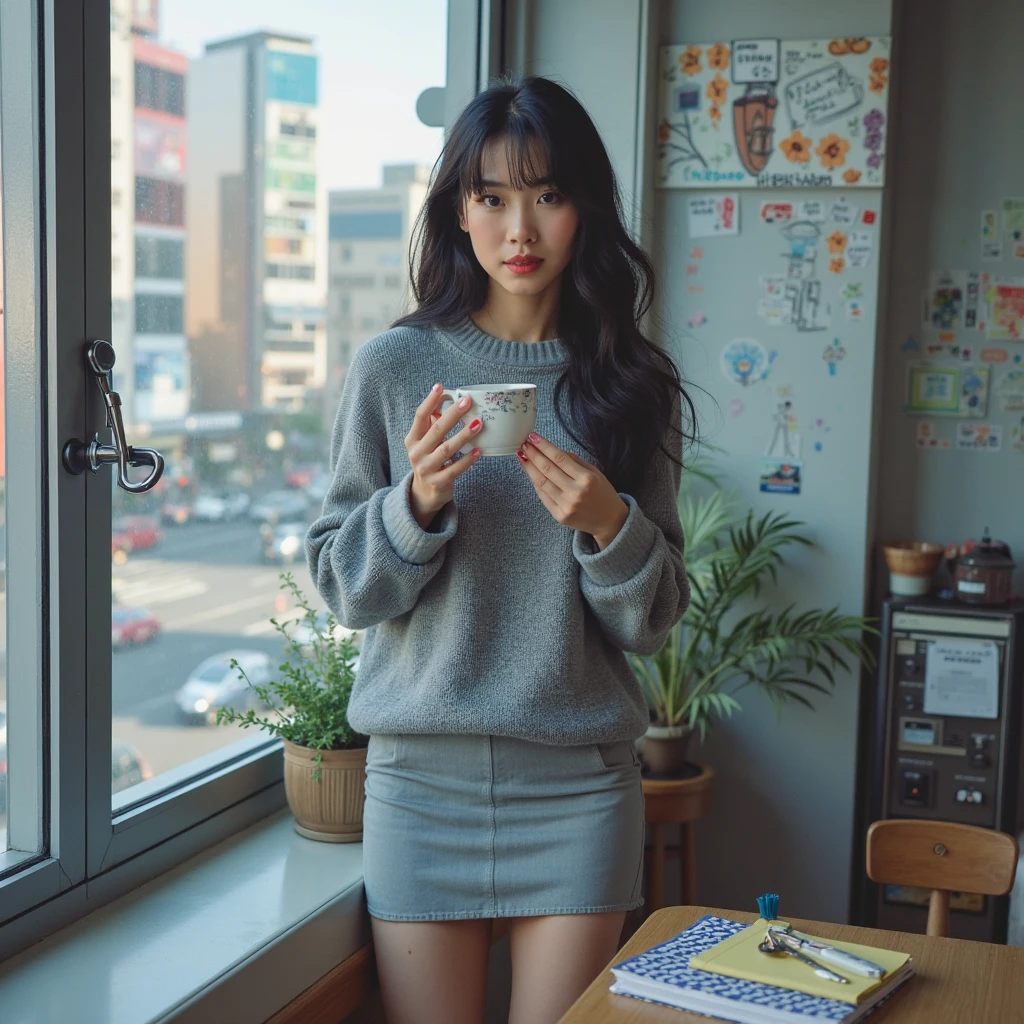 girl sitting, makeup table on the background