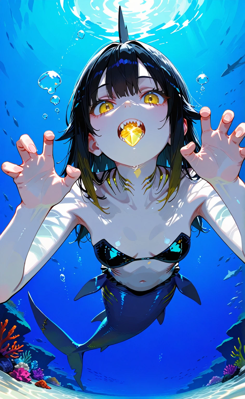 young girl, (((slim body))), ((slender body)), (((narrow hips))), (((flat chest))), (((deep sea))), (((darkness))), ((dark background)), (((underwater))), (((deep sea fish in the background))), ((anglerfish)), sharks, (((bioluminescence))), glowing white eyes, white hair, (((white-skinned))), ((shiny skin)), glowing speckles on skin, (big eyes), slender figure