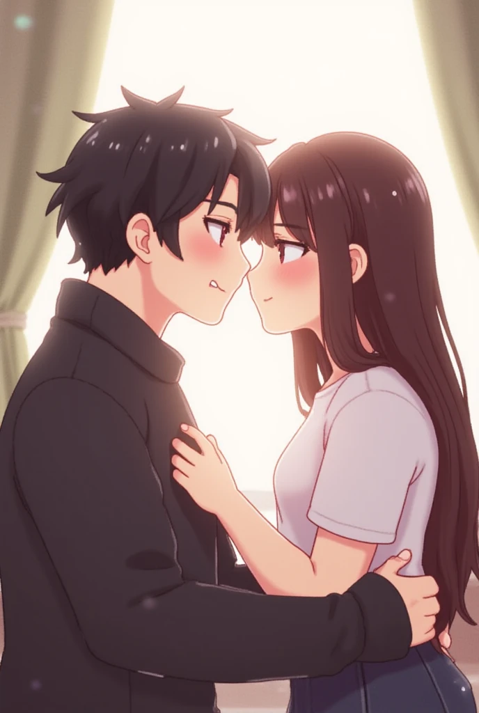 1boy, buzzcut, closed eyes, 1girl, bangs, black hair, blush, medium , gym short sleeve white shirt, gym shorts, cute, love, couple, adorable, long sleeves, dating, face to face, (kiss, , , saliva), open eyes, girl back leaning wall, indoors, bedroom