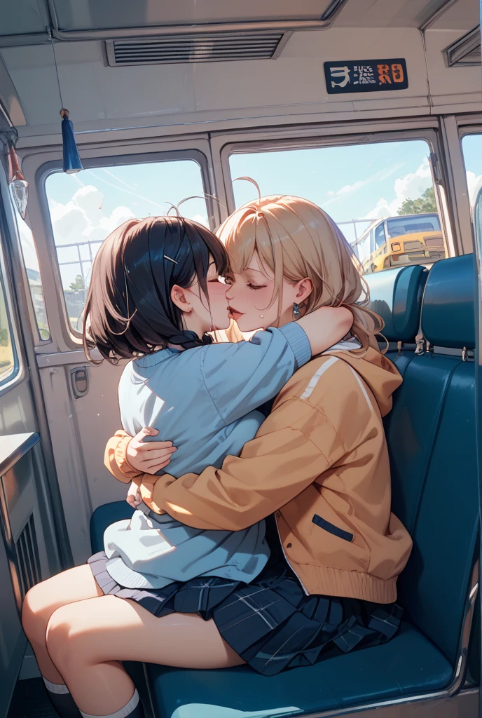 ((Kissing a drooling boy with her tongue entangled:1.8)))(((From an angle where you can see the whole body)))In a train seat、Standing with legs apart、 ((Hot brown mature woman1people))、、(((Mature woman wearing a blue blouse))((She is wearing a white pleated long skirt.:1.5)))、Highest quality、超High resolution、High resolution、Detailed CG、8k wallpaper、50 years old、Detailed and beautiful、((Glossy brown、Shiny body、:1.5))、Embarrassed、(Ahegao:1.5)、(The shape of your lips when kissing with your tongue out)、Full of embarrassment、In the school toilet、NSFW((((Vulgarity)))))((Kissing a drooling boy with her tongue entangledをしている))((Drooling boy and mature woman kissing))((Inserting penis into mature woman's pussy))Grabbing a drool-covered penis